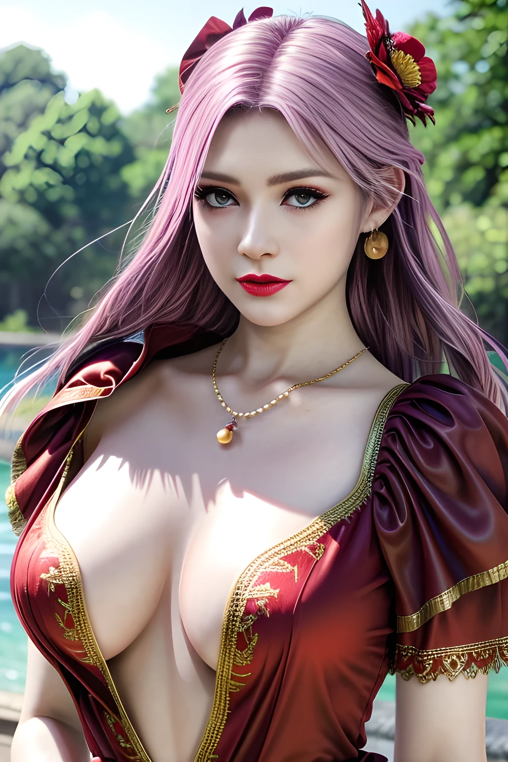 1 girl,Alice,(Dress by (Peacock feathers:0.9)),outdoor,jewelry,grace,(((red lips))), Lips slightly open,  clavicle,(huge breasts),((8k, original photo, top quality, masterpiece), HD RAW color photos professional close-up photos, (actual, photorealism: 1.37), (best quality),8k,soft sunshine, Fabric luster,alone,
