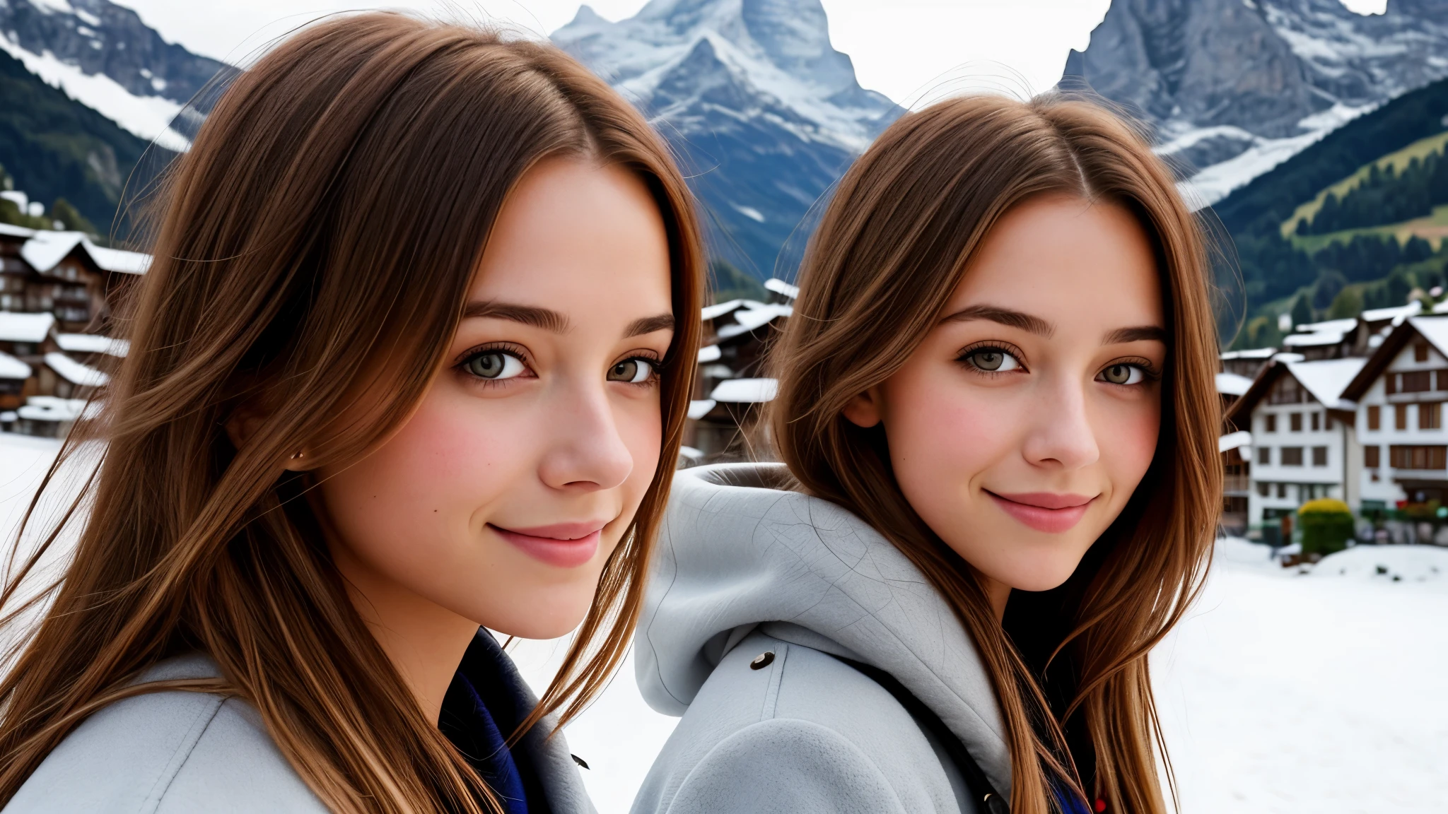 Instagram pictures, French Girl, Shoulder length hair, with light blonde hair, Close-up photo, coat, The background is the village of Grindelwald...., Switzerland, smile a little,