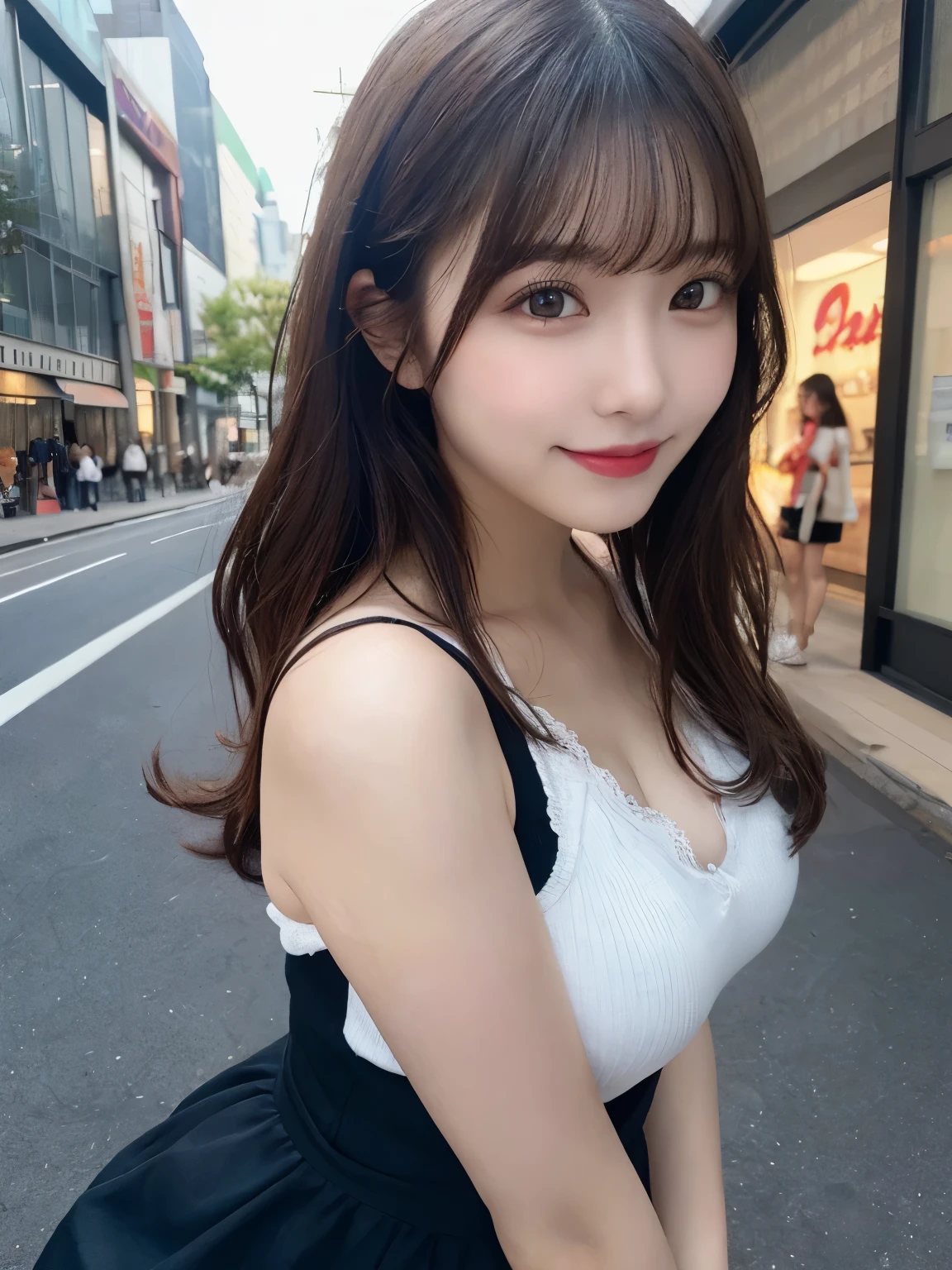 Masutepiece, Best Quality, Illustration, Ultra-detailed, finely detail, hight resolution, 8K Wallpaper, Perfect dynamic composition, Beautiful detailed eyes, Women's Fashion Summer, Medium Hair, Small breasts natural color lip, Bold sexy poses, Smile,Harajuku, 20 years girl, Cute, Sexy shot looking at camera,