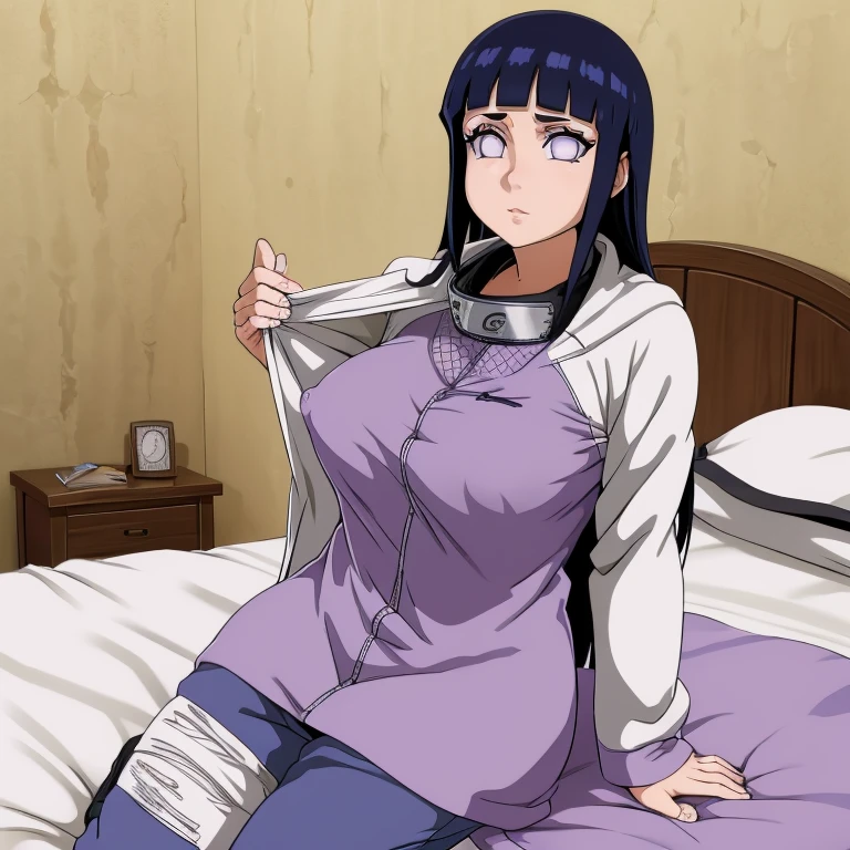 obra maestra, high resolution, alta calidad, cara detallada, Renderizado detallado del cuerpo, 1 chica, Solo, Hyuuga Hinata, Traje sin mangas de Hinata, pechos grandes, pecho grande, camisa sin mangas, top de rejilla, labios oscuros, chaqueta sin cremallera, sin sujetador, pechos afuera, nipple, de pie, se sonroja, (en el dormitorio)