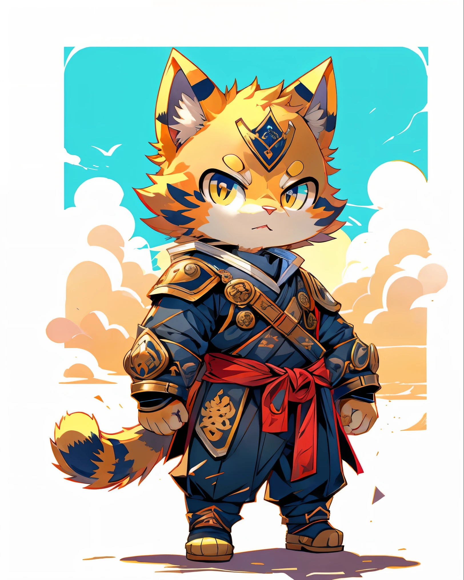 Cat wearing yellow samurai armor, chibi, standing, background burning japanese Castle, stunning style