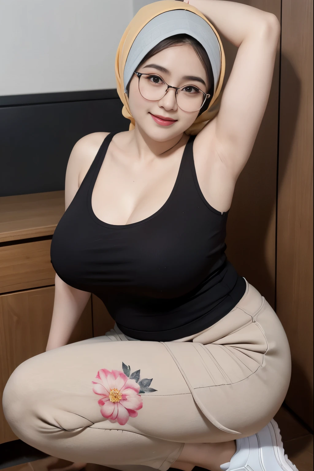 wanita berhijab syariah, wearing gold t-shirt, sneakers, chubby cheeks, chubby arm, chubby, glasses, big breast, chubby tight, wearing a hijab, bbw, bbc, cute girl, mature and plump, plump woman, clean and smooth pics, all star, high quality, best quality, good vibes, nice look, tattooed, gorgeous, elegant, high resolution, super extremely resolution, flower tattoos, Perfect angle, mature woman, milf, tight t-shirt, skinny, perfect look, t-shirt, dark room, smile shy, woman 40 years old, black t-shirt, chubby cheeks, Thigh-length pants, sweaty, full bodies, tank top, high heels, dimples, armpits, massive thighs 