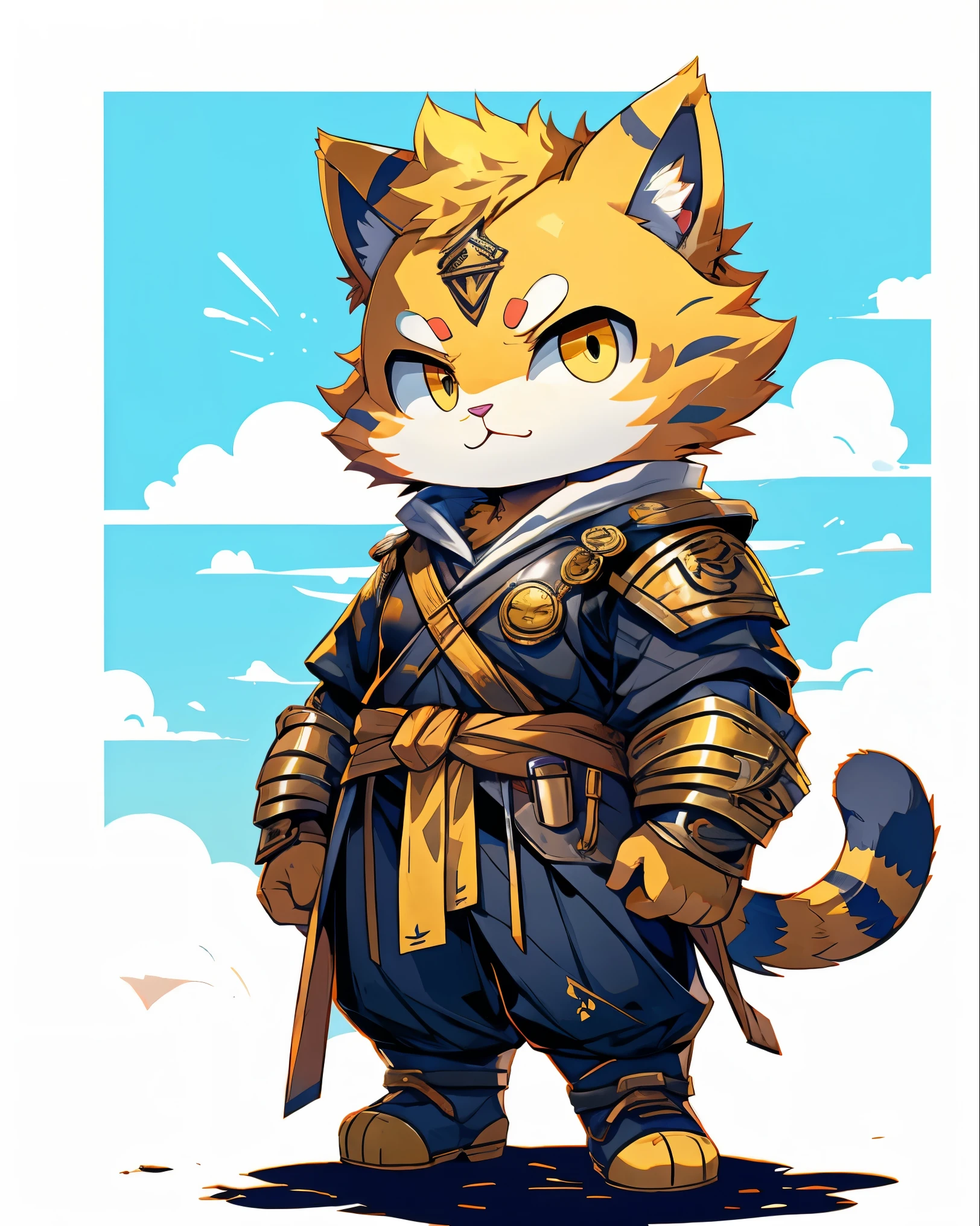Cat wearing yellow samurai armor, chibi, standing, background yellow war banner flag, stunning style