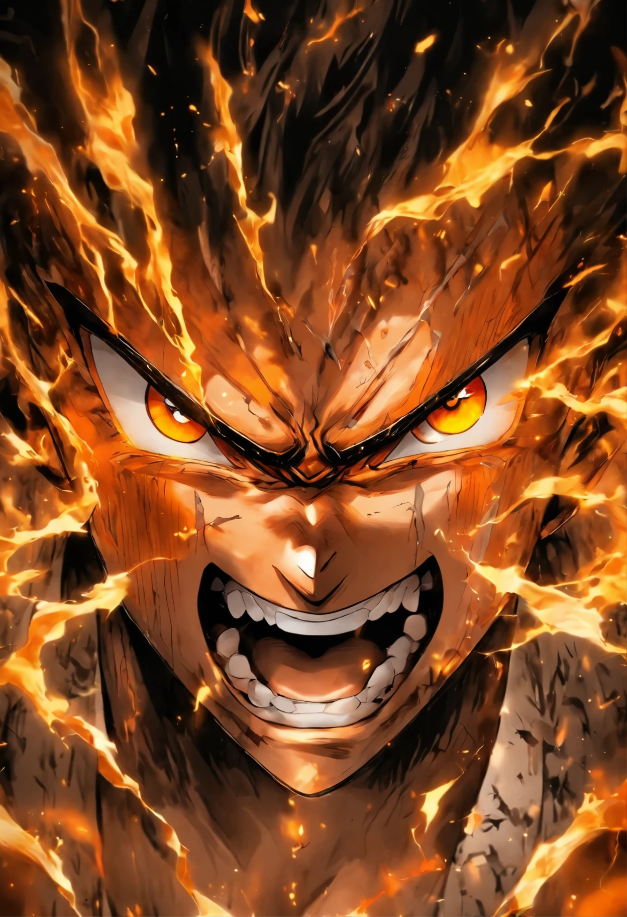 (best quality,realistic:1.37),black and gray realistic tattoo art,(((orange eyes))),ink splatter sketch effect,he is with open mouth,looking very fierce and angry