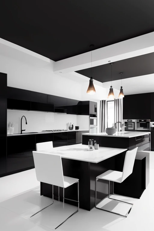 kitchen set, Furniture, and other things in a very stylish, fashionable and modern design. In black and white colors.