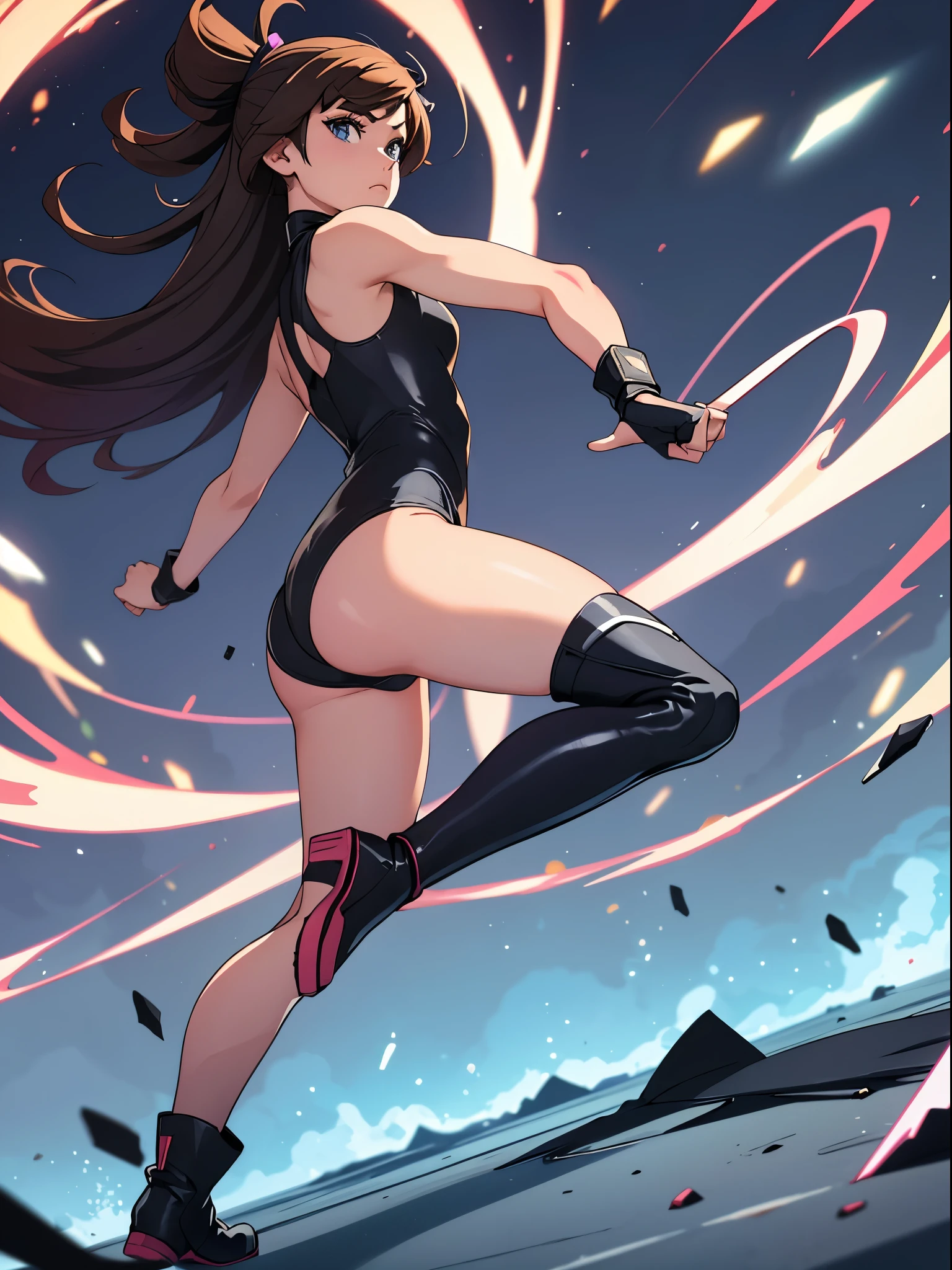 "1 girl, wearing a sleek leotard, with bare legs and boots, donning gloves, spins fast in place like a tornado, standing like a superhero."