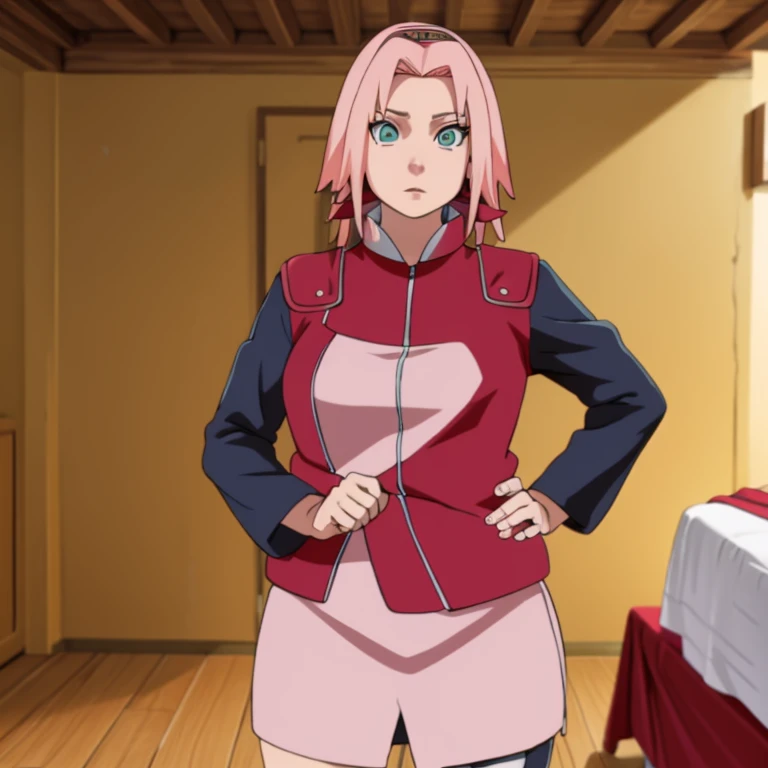 obra maestra, high resolution, alta calidad, cara detallada, Renderizado detallado del cuerpo, 1 chica, Solo, sakura haruno, Traje sin mangas de Hinata, pechos grandes, pecho grande, camisa sin mangas, top de rejilla, labios oscuros, chaqueta sin cremallera, sin sujetador, pechos afuera, nipple, de pie, se sonroja, (en el dormitorio)