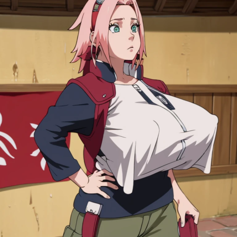 obra maestra, high resolution, alta calidad, cara detallada, Renderizado detallado del cuerpo, 1 chica, Solo, sakura haruno, Traje sin mangas de Hinata, pechos grandes, pecho grande, camisa sin mangas, top de rejilla, labios oscuros, chaqueta sin cremallera, sin sujetador, pechos afuera, nipple, de pie, se sonroja, (en el dormitorio)