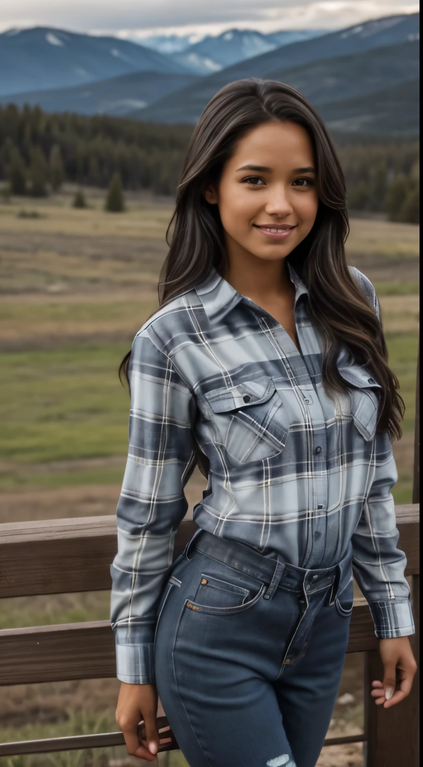 Foto hiperrealista en primer plano de Kelsey Asbille (native American ((light dark skin))) wearing dirty cloths (blue buttoned plaid flannel shirt:1.1) and (blue pants:1.1), (boots:1.2), on the ranch, grey day, Montana mountains in the background, cinematic light, beautiful woman, skinny, large big breasts, black long hair, detailed face, smile, facing the camera, photo taken from a distance, age of 25 years old, camera filter on pastel gray colors,, grey filter on camera, railing day, moody, she is so dirty, has dirty hands and face