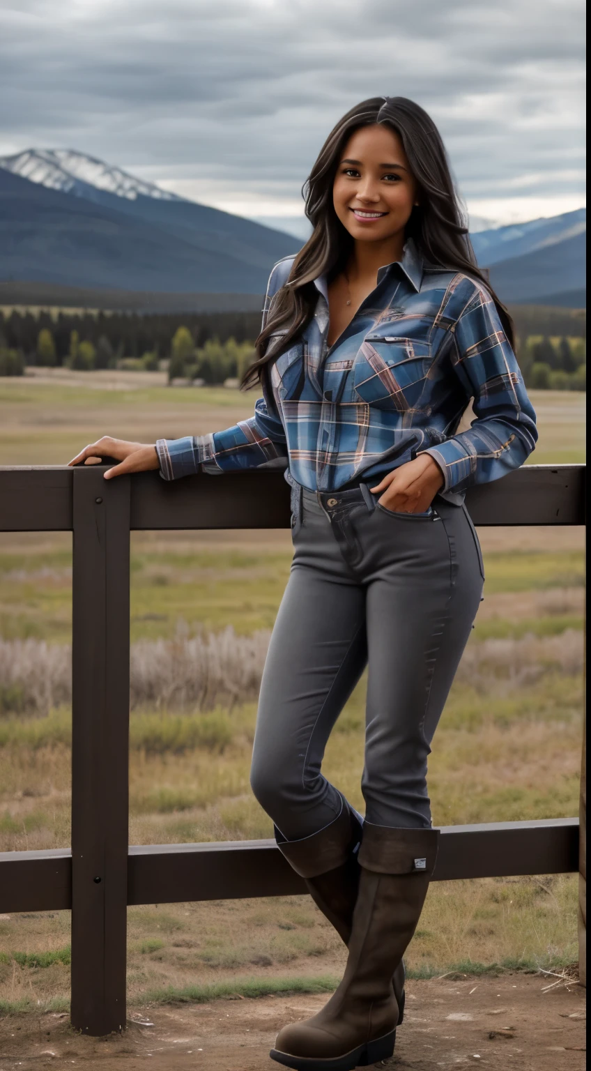 Foto hiperrealista en primer plano de Kelsey Asbille (native American ((light dark skin))) wearing dirty cloths (blue buttoned plaid flannel shirt:1.1) and (blue pants:1.1), (boots:1.2), on the ranch, grey day, Montana mountains in the background, cinematic light, beautiful woman, skinny, large big breasts, black long hair, detailed face, smile, facing the camera, photo taken from a distance, age of 25 years old, camera filter on pastel gray colors,, grey filter on camera, railing day, moody, she is so dirty