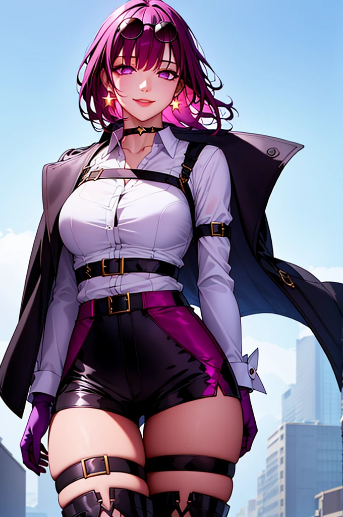 ((white background)), (perfect shading), realistic style, Ray tracing, (masterpiece), best quality, medium breasts, outdoor, smile, half closed eyes, cowboy shot, choker, long sleeves, collared shirt, black shorts, purple gloves, purple straps, pantyhose, black jacket, jacket on shoulder, arm strap, earrings, thigh boots, thigh strap, kafka (star rail), eyewear on head, sunglasses, bangs, short hair, long hair,  purple hair, purple eyes