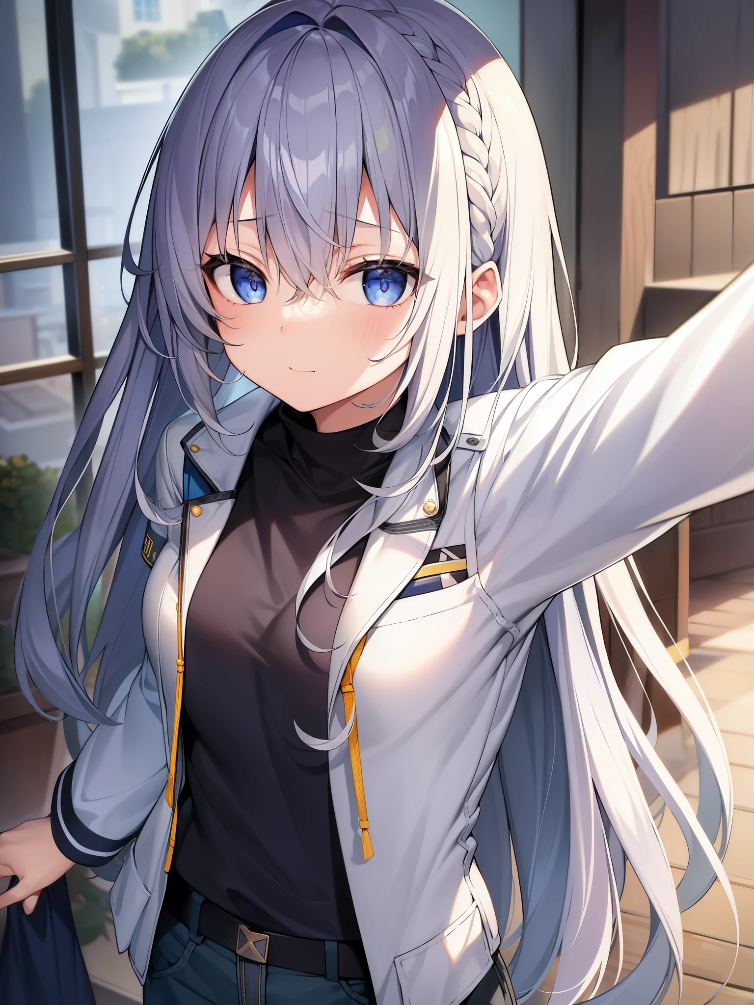 (disorganized、8k、4k、masterpiece、super extreme details:1.2)、solo、1 girl、Portrait、best quality、expressive eyes、perfect face、Portrait、see the beholder、solo、Are standing、casual clothing、Tight、gray hair、eye patch、braided hair、long hair、medium breasts、scar、blue eyes、非常にlong hair、military、cargo pants、white jacket、