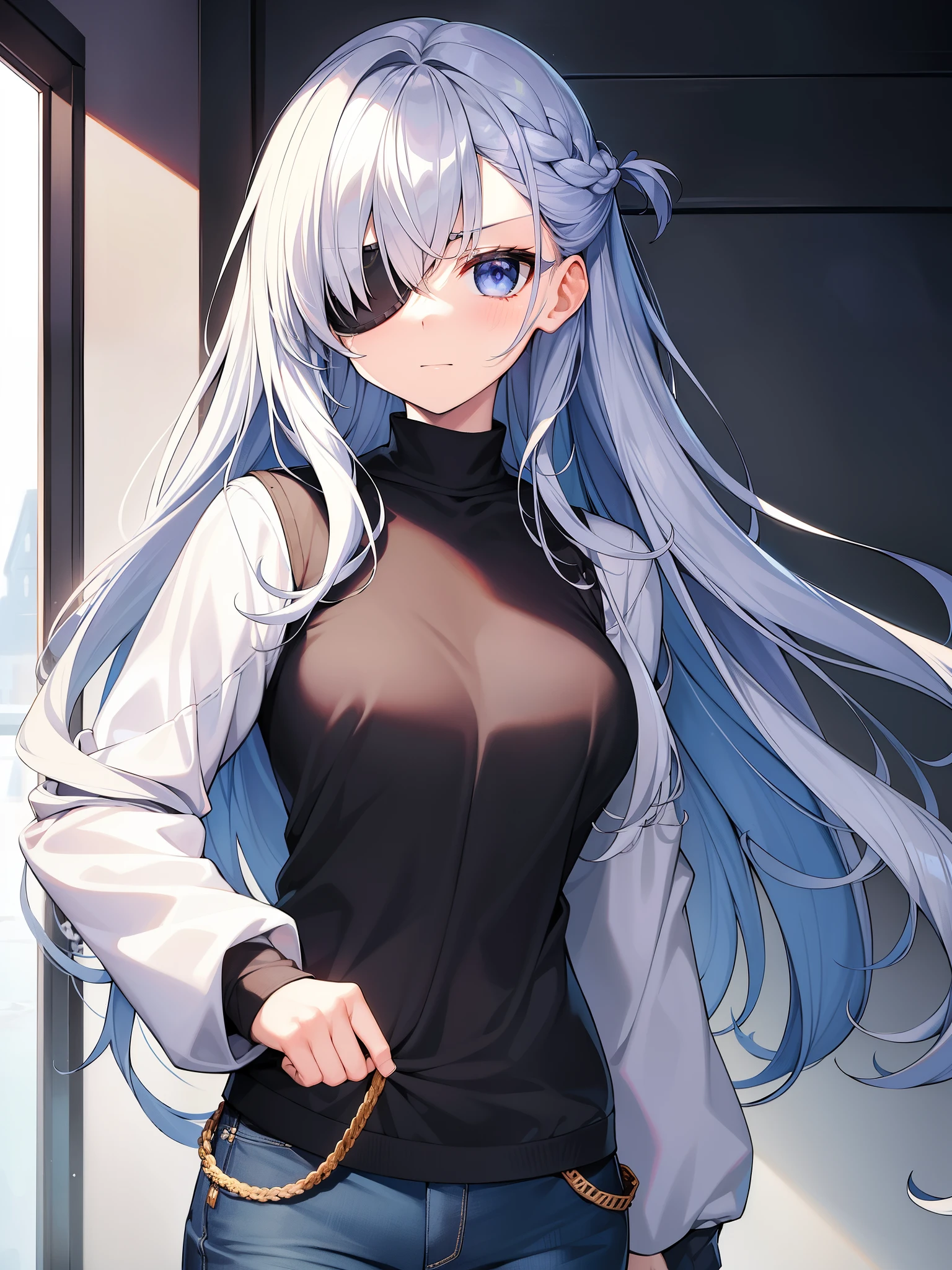 (disorganized、8k、4k、masterpiece、super extreme details:1.2)、solo、1 girl、Portrait、best quality、expressive eyes、perfect face、Portrait、see the beholder、solo、Are standing、casual clothing、Tight、gray hair、eye patch、braided hair、long hair、medium breasts、scar、blue eyes、非常にlong hair、military、cargo pants、white jacket、
