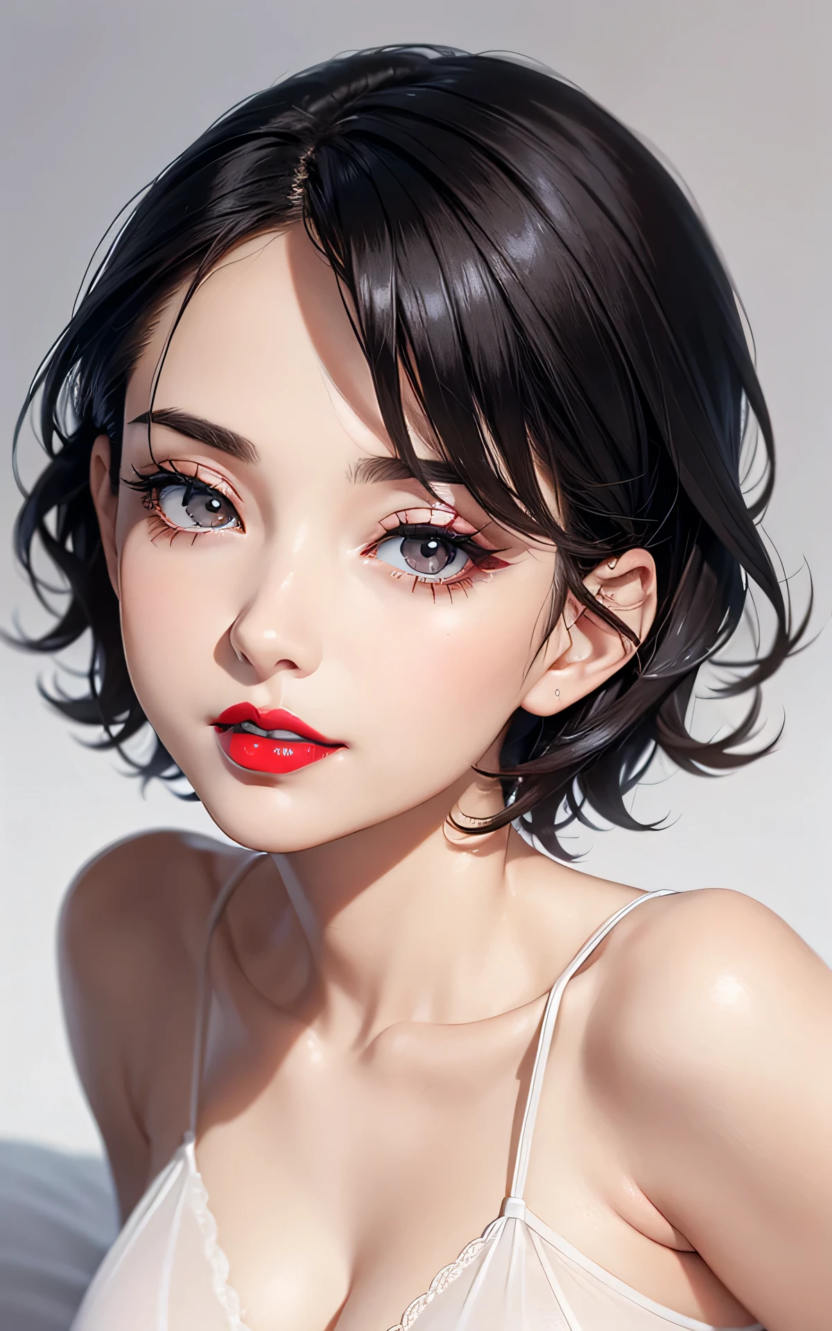 (45year old,Red lips、Fascinating、very short hair:1.3)、 absurderes、Flat Lighting、((from below:1.3))、realisticlying、ultra-detailliert、bright colour、beautiful detailed eyes、perfect eyes、detailed hair、1 woman、(black hair、jet black eyes)、Delicate beautiful face,Blushing,A sexy,Bed,white Slip Dress、seductive smile、 dramatic angle、forehead、put your hair over your ears:1.5