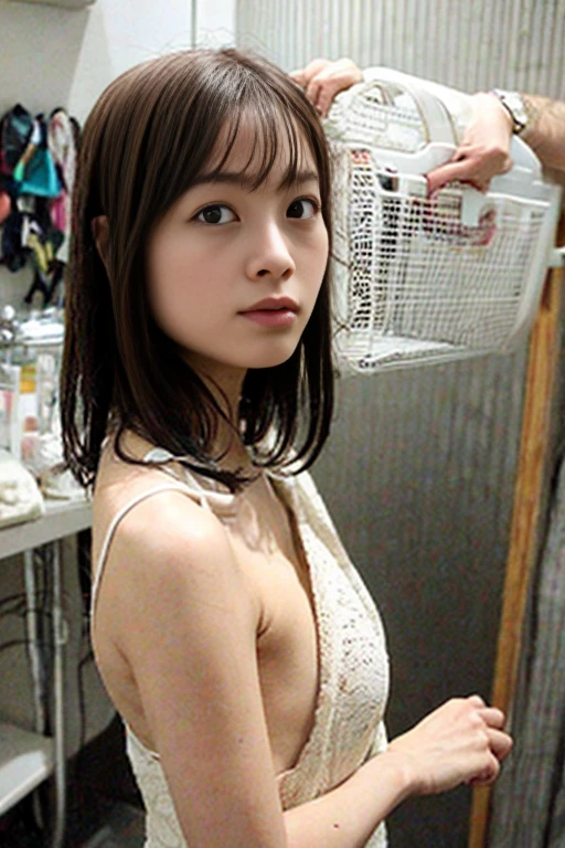 nsfw,japanese1girl, (fisheye distorted lens:1.2), naked , in bath dressing room,steam fog,sweat,wet,dark armpits,public heir,oily scalp,(presenting dark armpit:1.2), (small breasts:1.2), 
from above