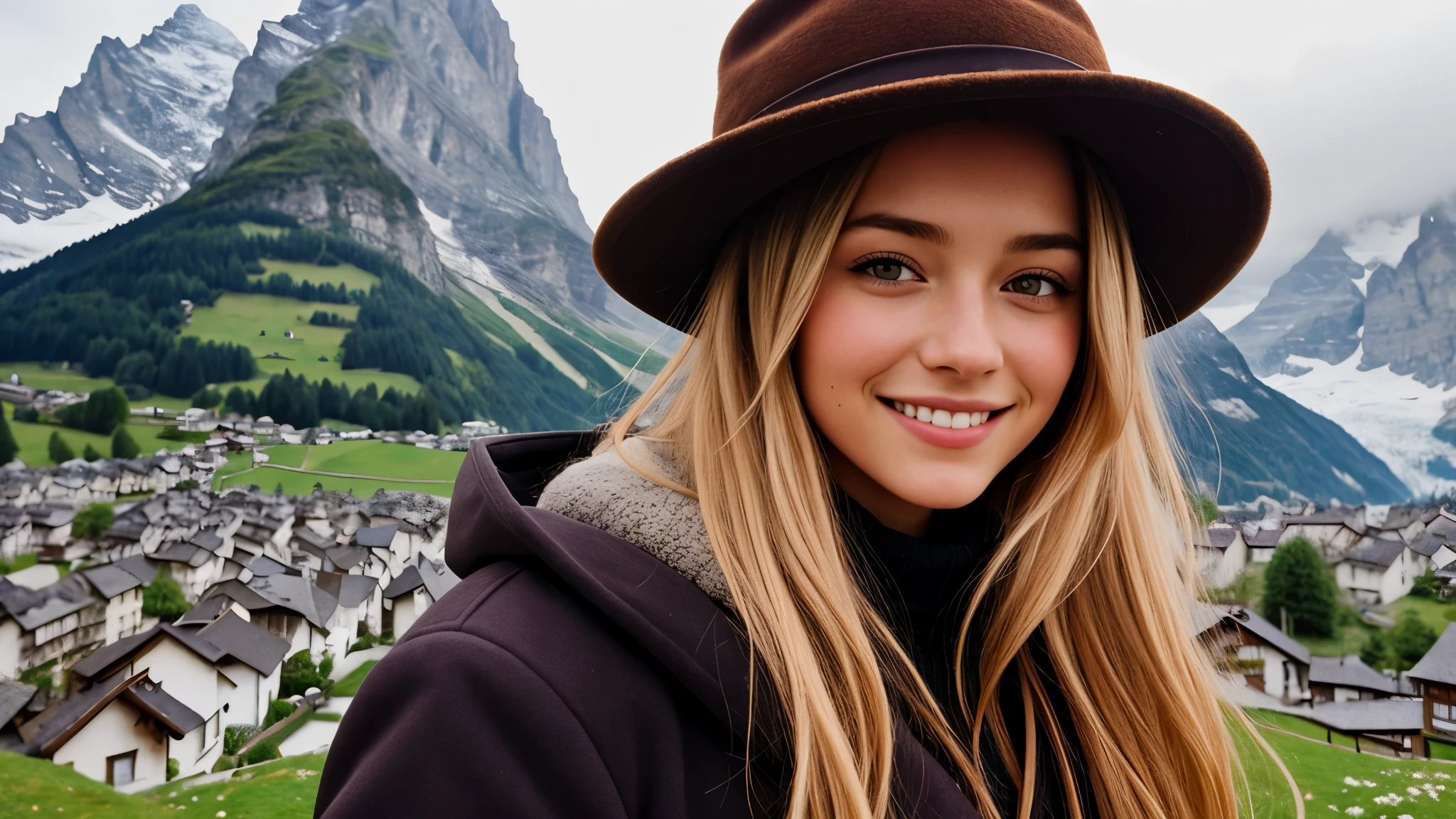 Instagram pictures, 1French Girl, Shoulder length hair, with light blonde hair, Close-up photo, coat, The background is the village of Grindelwald...., Switzerland, smile a little,