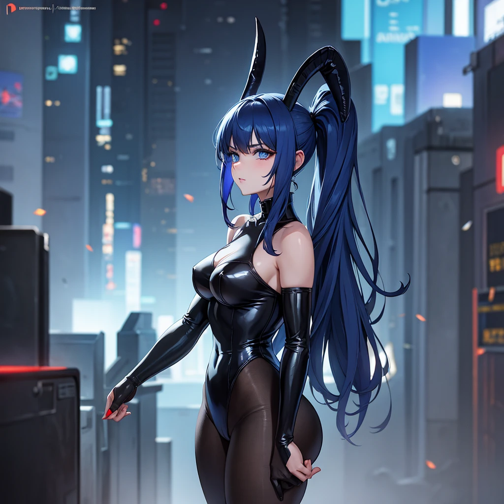 a woman dragon horns dark blue hair and dark blue eyes, in a black bunny suit, cyberpunk background city