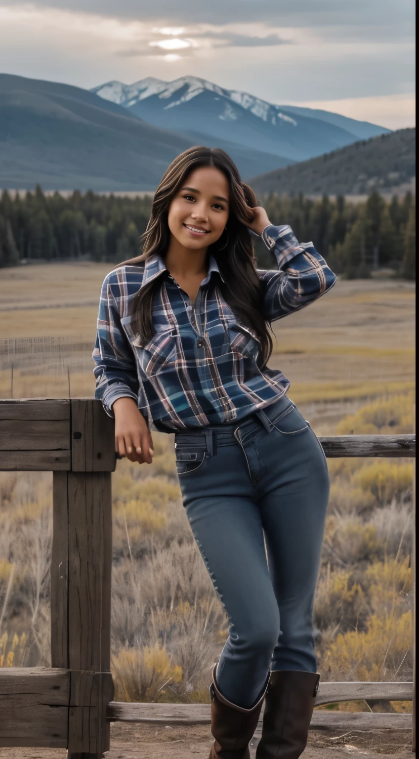 Foto hiperrealista en primer plano de Kelsey Asbille (native American ((light dark skin))), masterpiece, best quality, (photorealistic:1.4), full body,  (blue buttoned plaid flannel shirt:1.1) and (blue pants:1.1), (boots:1.2), on the ranch, grey day, Montana mountains in the background, cinematic light, beautiful woman, skinny, large big breasts, black long hair, detailed face, smile, facing the camera, photo taken from a distance, age of 25 years old, camera filter on pastel gray colors,, grey filter on camera