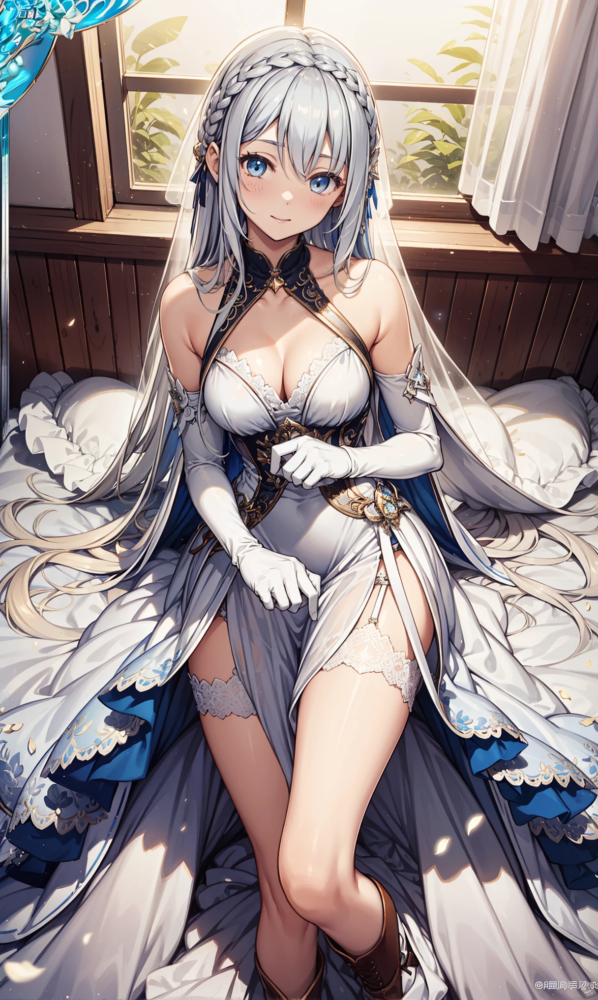 saints,Elegant and charming,having fun,Being in love,(Intricate and gorgeous sheer white dress),black gloves,silver hair,blue eyes,see through transparent clothes,Delicate hair accessories,Transparent lace,Sky blue pattern,Dress nicely,bedroom,night,Carved suspender boots,super ultra detail,holy magic,light particles