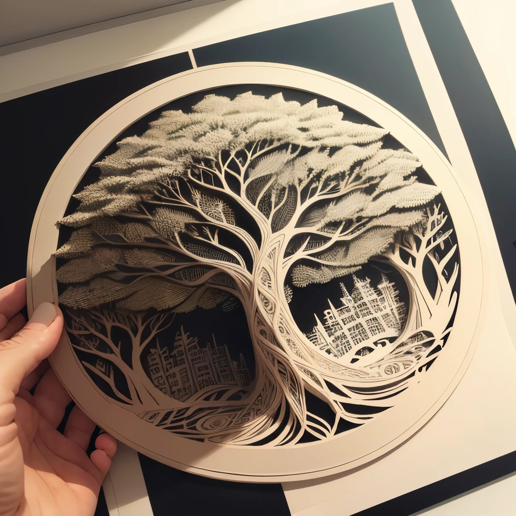 Paper-cut art, intricate details, multileveled, advanced, depth, high detail, tree, front view