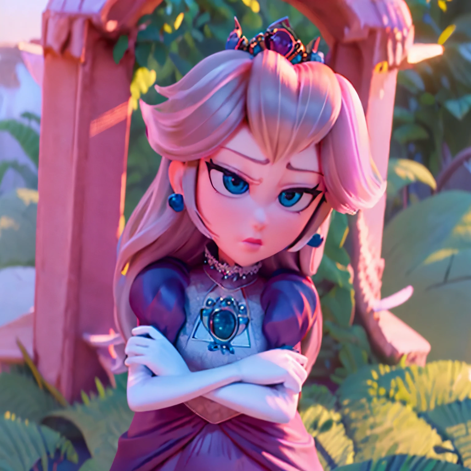 (best quality,4k,8k,highres,masterpiece:1.2),ultra-detailed,(realistic,photorealistic,photo-realistic:1.37),dark-haired goth princess peach,beautiful detailed eyes,beautiful detailed lips,extremely detailed eyes and face,royalgothic pink dress flowing,black lace gloves covering her hands,elegant tiara with black gemstones,standing in a gloomy enchanted garden,vines and thorny roses surrounding her,long flowing hair with intricate braids,moonlight casting a mysterious glow on the scene,delicate silver pendant shining on her neck,subtle mist adding an ethereal atmosphere,eyes emanating a hint of dark magic,seemingly lost in deep thoughts,color palette featuring rich purples and blacks,dramatic shadows and highlights contrasting beautifully,vivid colors blending seamlessly,artistically capturing her inner strength and grace,portrait style with soft focus on her expressive face,hint of melancholy in her gaze,creating a sense of mystery and intrigue,lush green foliage and twisted trees in the background,garden gate leading to an unknown realm,impeccable attention to detail in every element,creating a visually captivating masterpiece.