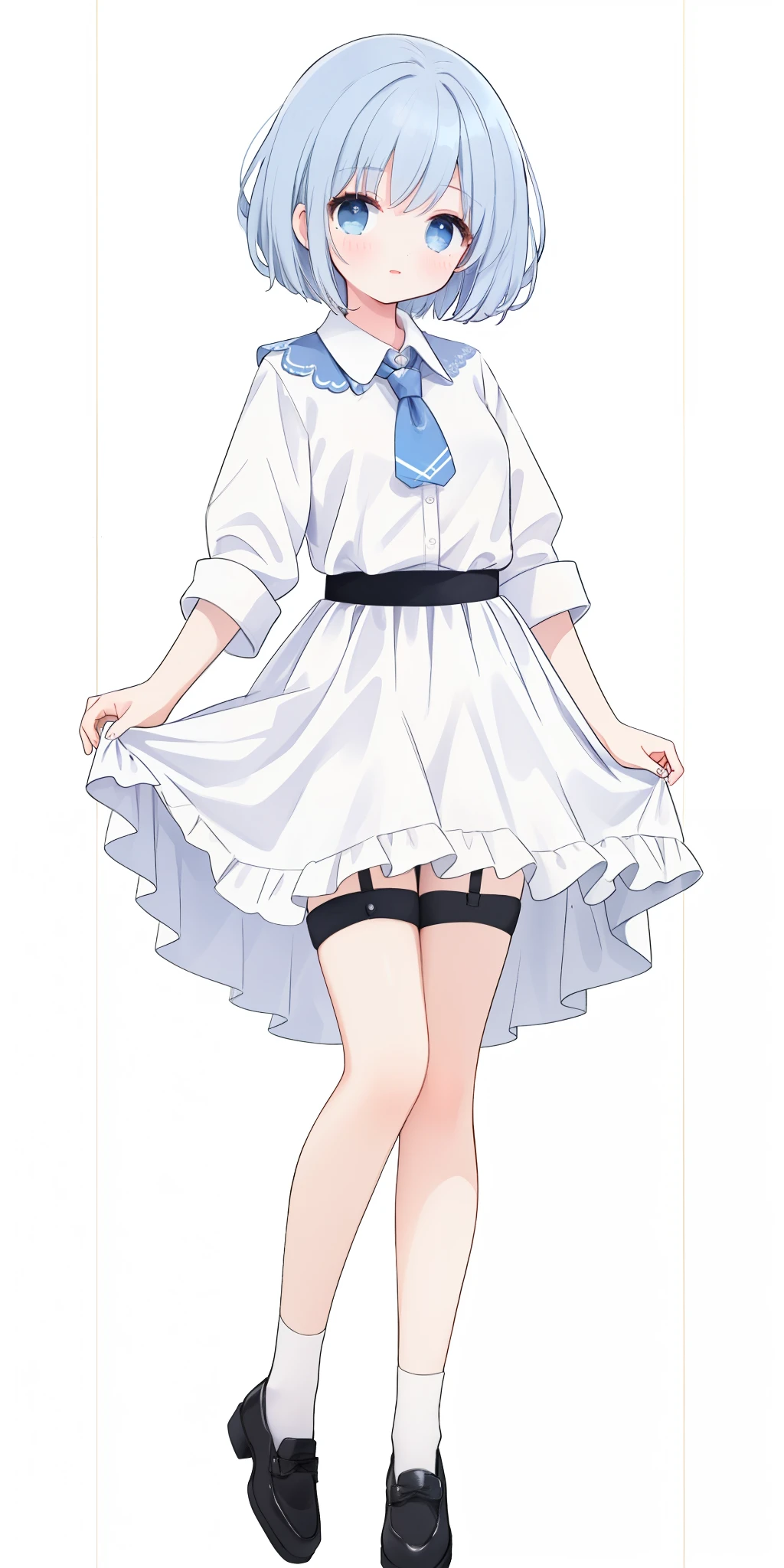 ((masterpiece、top-quality)), 1girl in, ((full body Esbian、Standing picture)), cute young woman, Colored hair, white shirt, shortpants, Black garter belt、(white backgrounid)