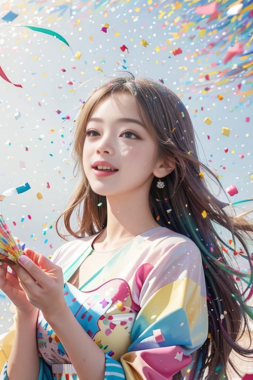 Intricately detailed, ultra high definition, 超高分辨率, masterpiece, random angles, shiny and vibrant, colorful confetti, beautiful and playful, pretty and whimsical, (huge confetti shower: 1.2), scattered and floating, delicate and light, celebratory atmosphere, dynamic lighting, color burst, elegant and joyful, multi-colored rain, vivid hues, painterly style, special occasion, fun and lively, (confetti explosion: 1.5), vintage feel, festive and cheerful, (colorful backdrop: 1.4), surreal art, dreamlike, whimsical, imaginative, full of life,
