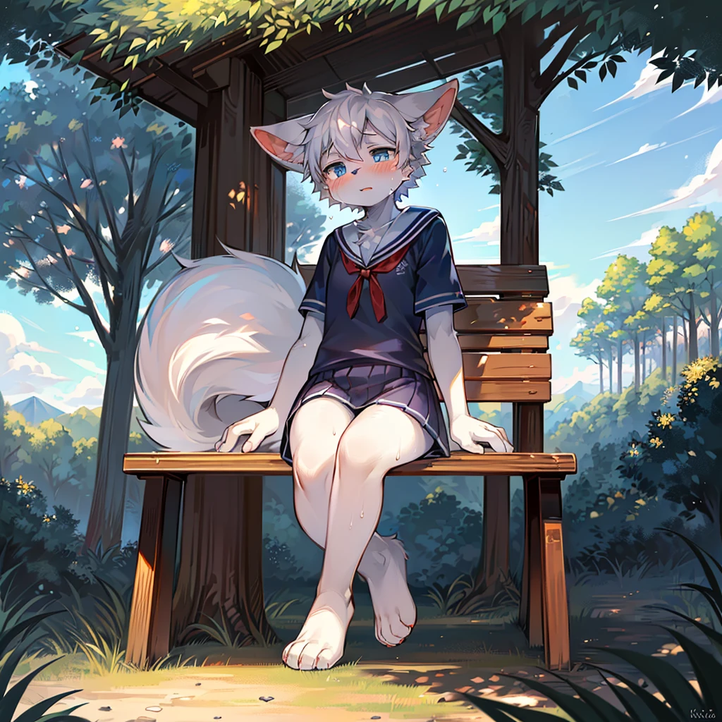 on the table, high quality, ridiculous resolution, number \ (artwork \), through thick snacks, Yes, Kiyoyama, (fluffy fur, white fur, Full body fur,), male ,,alone,one period,tears, blue eyes, white hair,I have a red schoolbag,1tail,Ears drooping,kawaii,sweating,Sailor suit, Awkward,how,Student clothing,bare legs, Bright Eyes,4 others ,panoramic, Character focus. Detailed background, clouds background,a park,bench under tree ,sit on it,view from below,Sensitive,