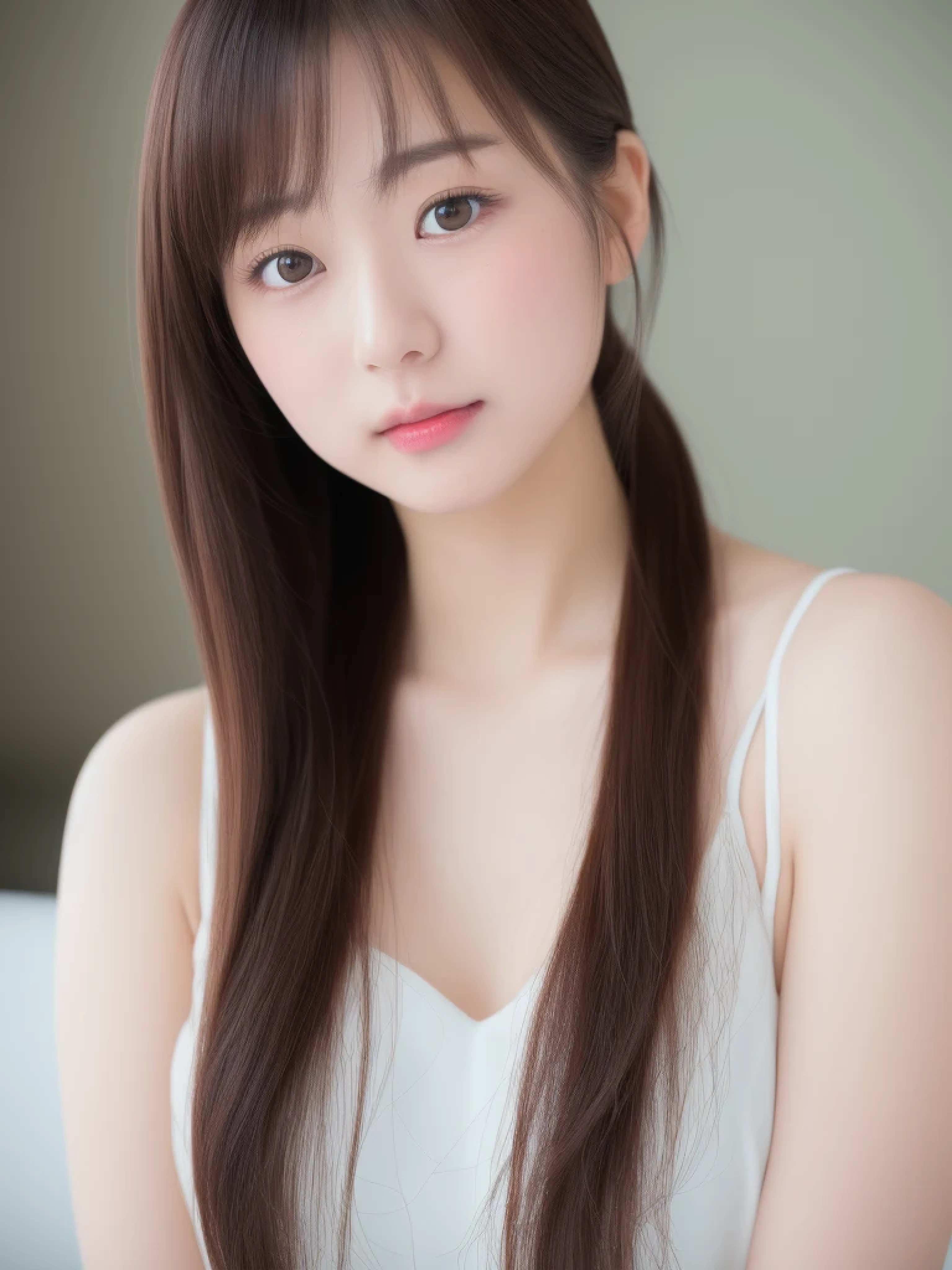 ((cute日本の女の子、beautiful japanese girl、1 girl、clear、19 years old、ponytail、Highly detailed face and skin texture、refinement、super detailed face、highly detailed eyes、Lee Hong、blush、cheek、ピンクのcheekを塗ったcheek、close-up of woman、 from the neck up、upper body only、Close to the camera、 positive face、Forward-facing body、look at the camera、front、cute、smooth white skin、Transparent skin texture、))、(dark brown hair、bangs)、beautiful woman with perfect style：1.4、japanese model、young gravure idol、若いcuteグラビアアイドル、Realistic young gravure idol、refinementされたグラビアアイドル、((highest quality、8K、masterpiece:1.3、１photograph))、(4K、RAWphotograph、highest quality)、(realistic、フォトrealistic:1.37)、Place someone on the other side of the screen、Natural light、professional lighting、