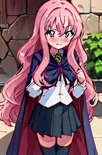 {{masterpiece}},{{highest quality}},{{High resolution}},{{caustics}},{{be familiar with}}, middle aged village,outside,,(angrily:0.3),blush, smile,Louise-Françoise Le Blanc de La Vallière,pink_hair,pink_eye, black skirt,wall,pleated skirt, school uniform,cape,black stockings,pentacle,thigh boots,skirt,wall,, pentacle,zettai ryouiki, stockings,short_skirt,