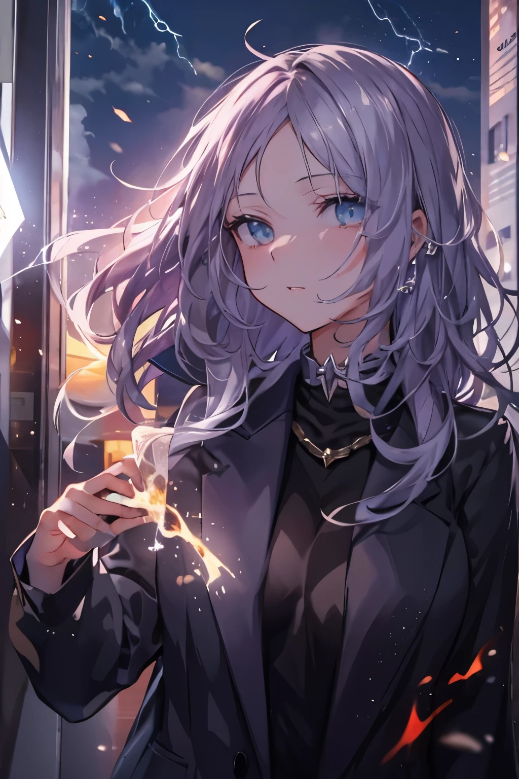 (real:0.2)、anime illustration、1 girl、、black coat、、Paris、France、sfv、black pants、black office shirt、、carmen sandigo、、blue sky、、long hair、、dramatic lightning、Lamp light、epic lighting, light falling on face, The light from the rear window is backlit., Face Light, The face is illuminated, fill light, fill light, ((master piece)), (Carmen_Sandigo_v1-1_Shulik-2000:0.6) information, silver hair, golden eyes