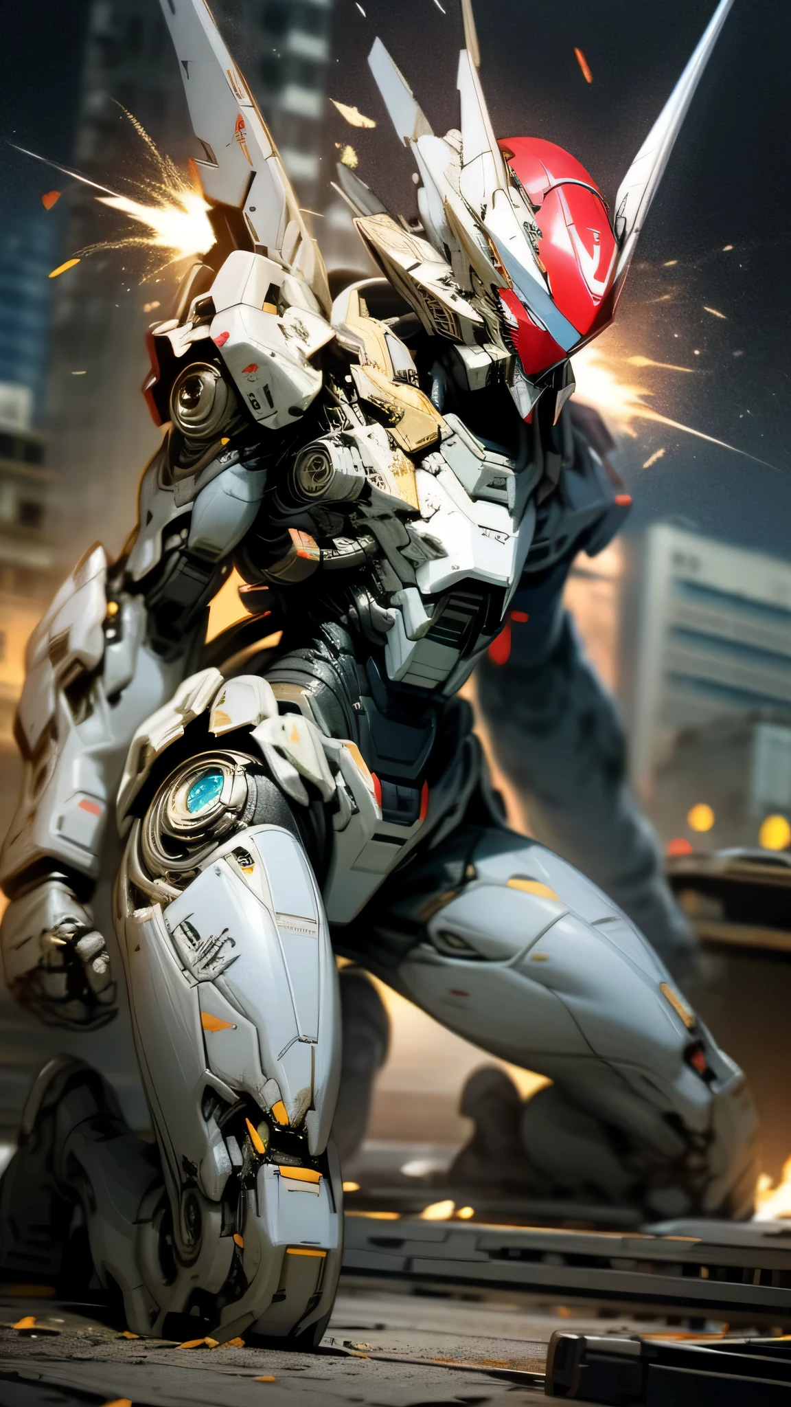 最high quality、best image quality、masterpiece、huge robot((damaged white body、blue light body line、destroyed right arm、Missing left foot、damaged jetpack、kneel down、sparks come out from the body、red visor、original head)),high quality、beautiful art、background((city、explosion、air raid)),debris flies、Depth of written boundary、movie、visual art、perfect art、8K,genuine