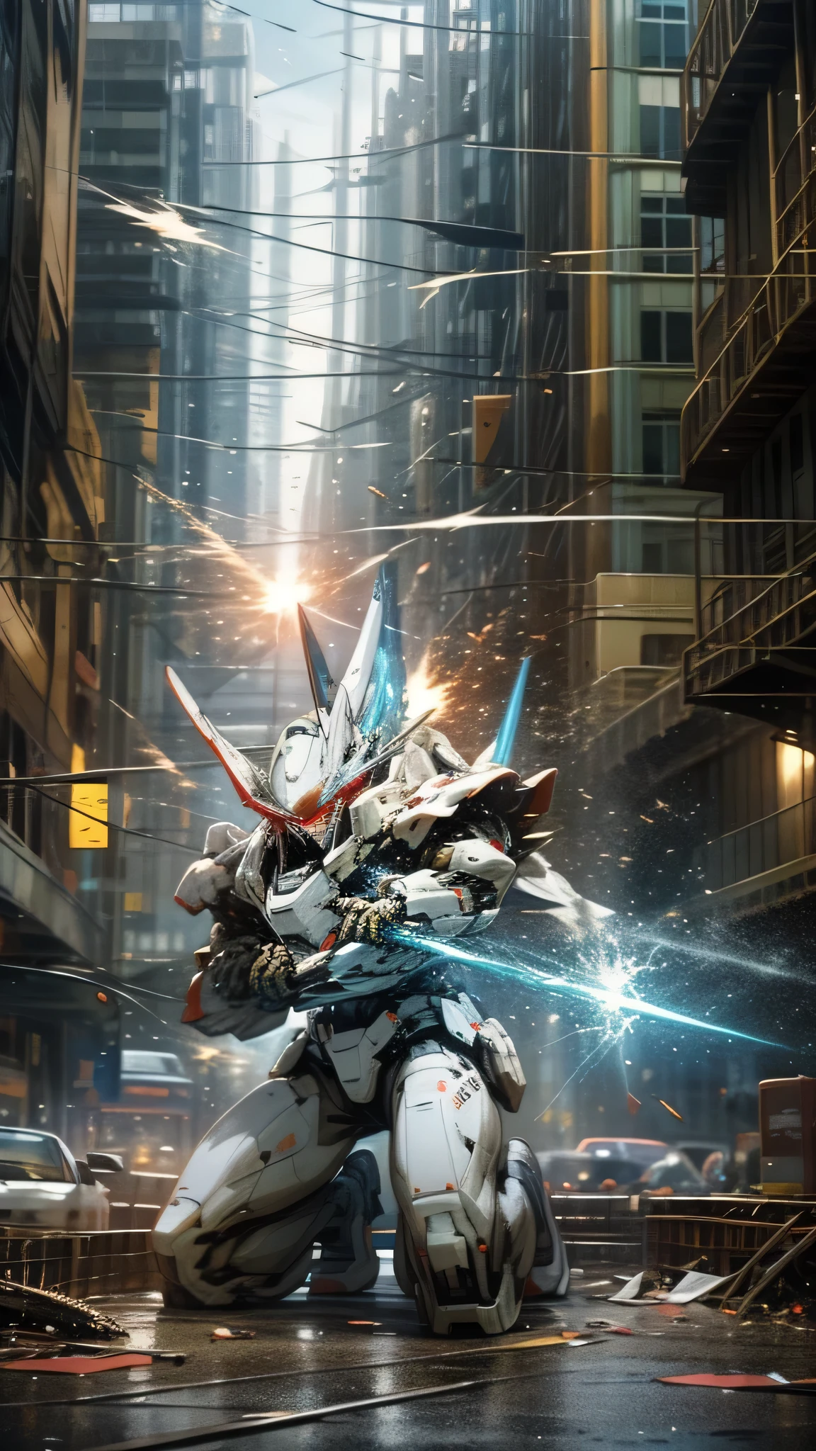 最high quality、best image quality、masterpiece、huge robot((damaged white body、blue light body line、destroyed right arm、Missing left foot、damaged jetpack、kneel down、sparks come out from the body、red visor、original head)),high quality、beautiful art、background((city、explosion、air raid)),debris flies、Depth of written boundary、movie、visual art、perfect art、8K,genuine