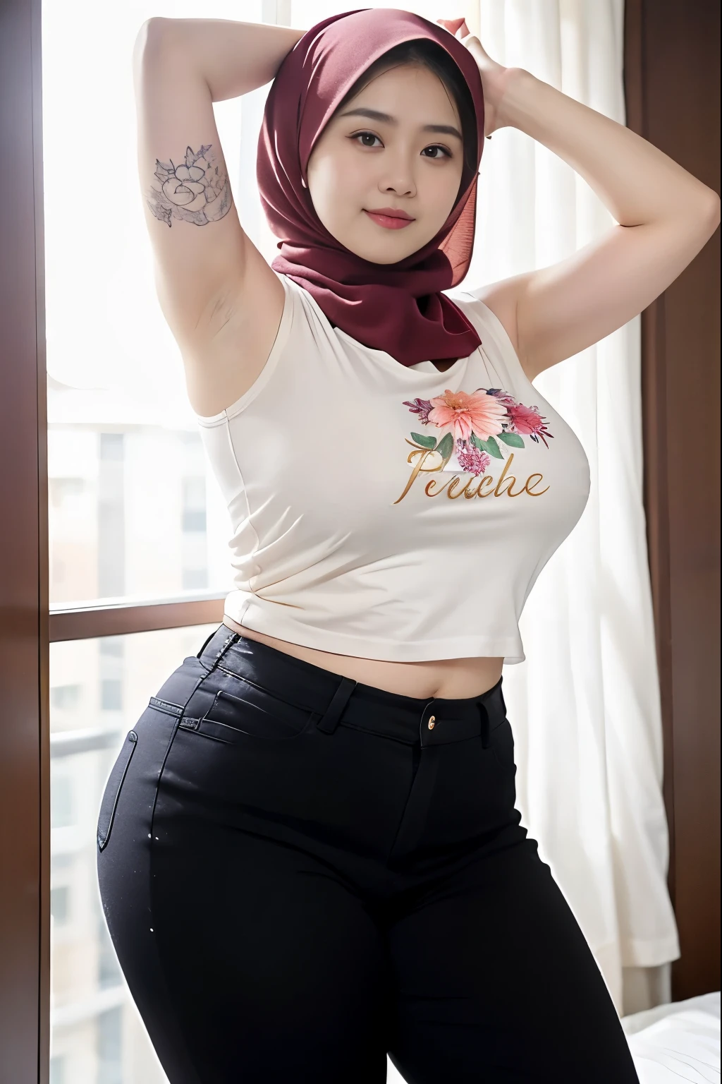 wanita berhijab syariah, wearing gold t-shirt, sneakers, chubby cheeks, chubby arm, chubby, glasses, big breast, chubby tight, wearing a hijab, bbw, bbc, cute girl, mature and plump, plump woman, clean and smooth pics, all star, high quality, best quality, good vibes, nice look, tattooed, gorgeous, elegant, high resolution, super extremely resolution, flower tattoos, Perfect angle, mature woman, milf, tight t-shirt, skinny, perfect look, t-shirt, dark room, smile shy, woman 40 years old, black t-shirt, chubby cheeks, Thigh-length pants, sweaty, full bodies, tank top, high heels, dimples, armpits, massive thighs