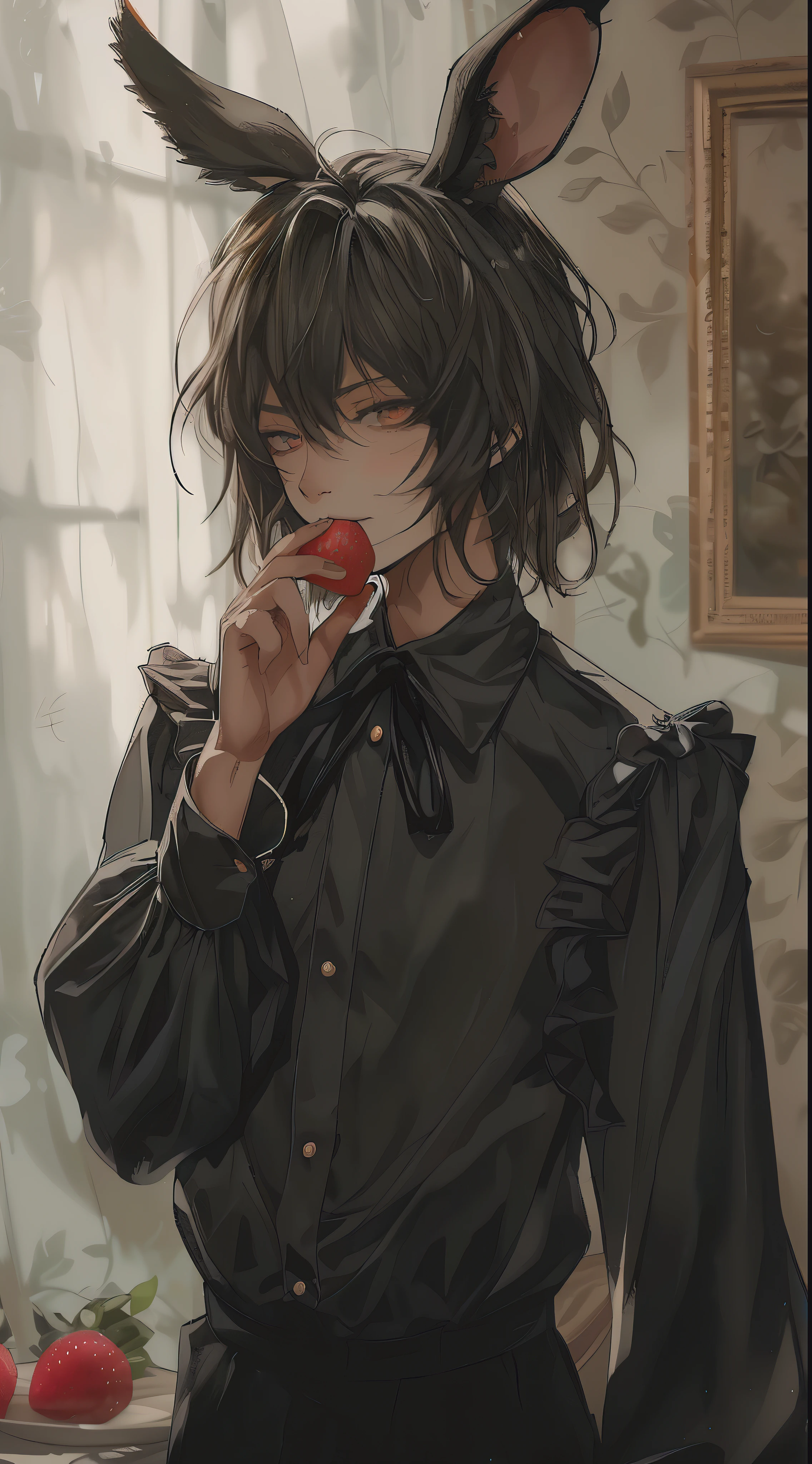 beautiful young man, dark, shoulder length hair, Bunny ears, Black blouse with subtle frills, trying to eat strawberries, just before eating,high quality, Amount to draw, pixiv illustration