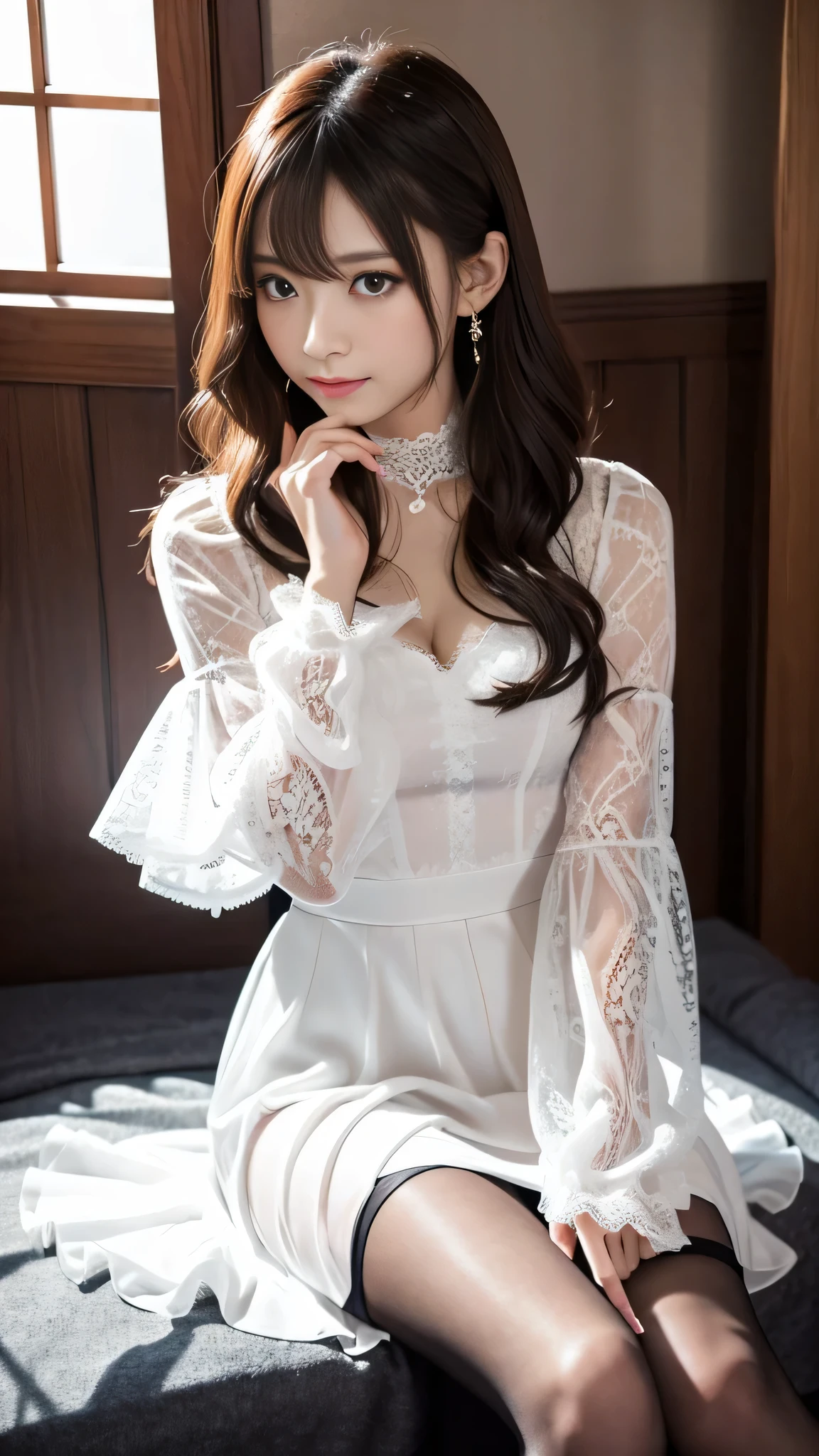 Super detailed、beautiful japanese woman、wearing a lace insert dress、flare skirt、charming beauty、seductive adult woman、Dainty woman、sharp eyes、cool girl、wavy hair、suit、Black chiffon、wide sleeve、white pantyhose、Shiny legs、evilの幹部、evil depravity、brainwashing、Mind control、left hand holding lips、grin、邪evilなな表情、evil、empty eyes、邪evilな、seductive pose、darkness room