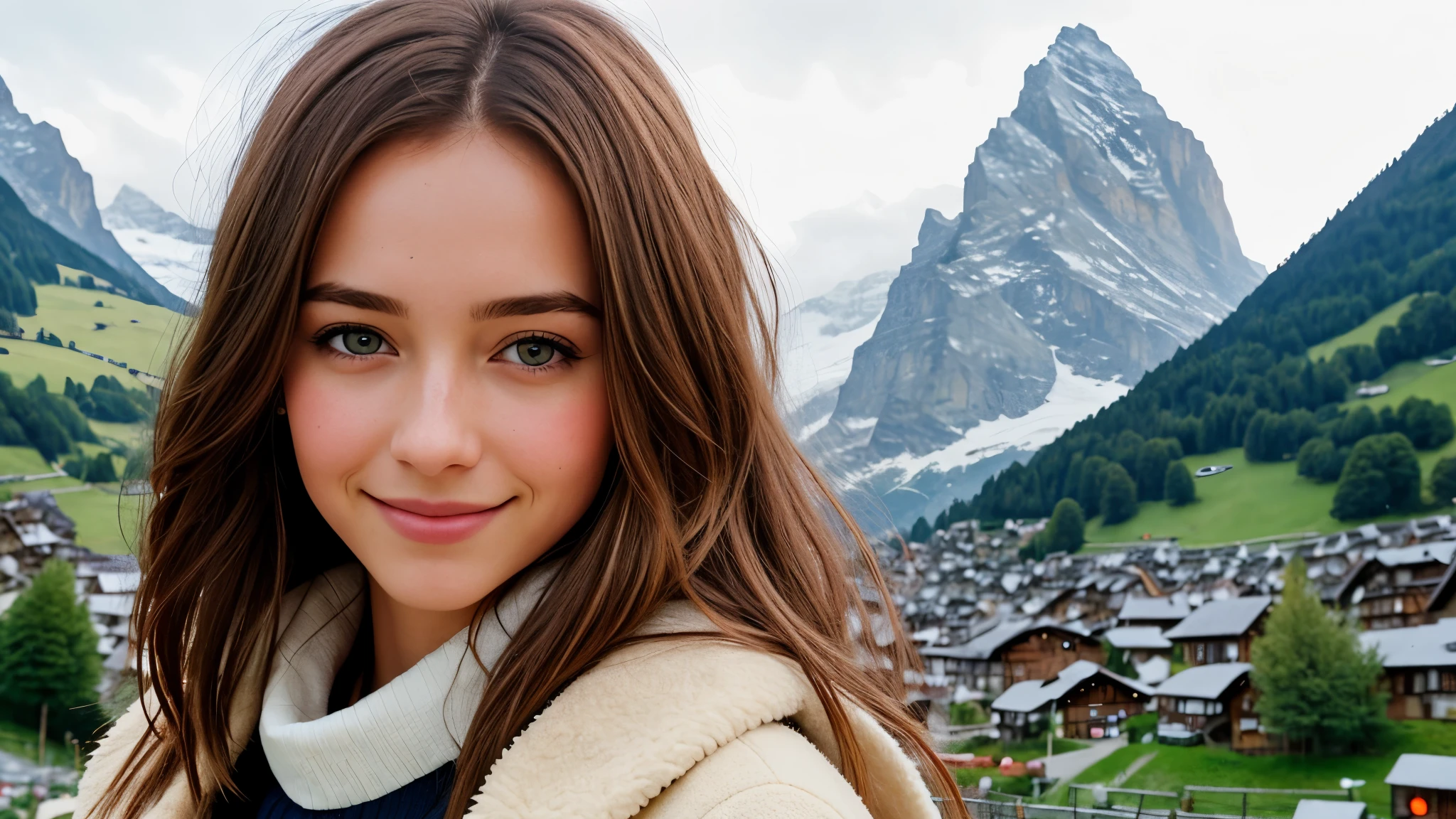 Instagram pictures, 1French Girl, Shoulder length hair, with light blonde hair, Close-up photo, coat, The background is the village of Grindelwald...., Switzerland, smile a little,
