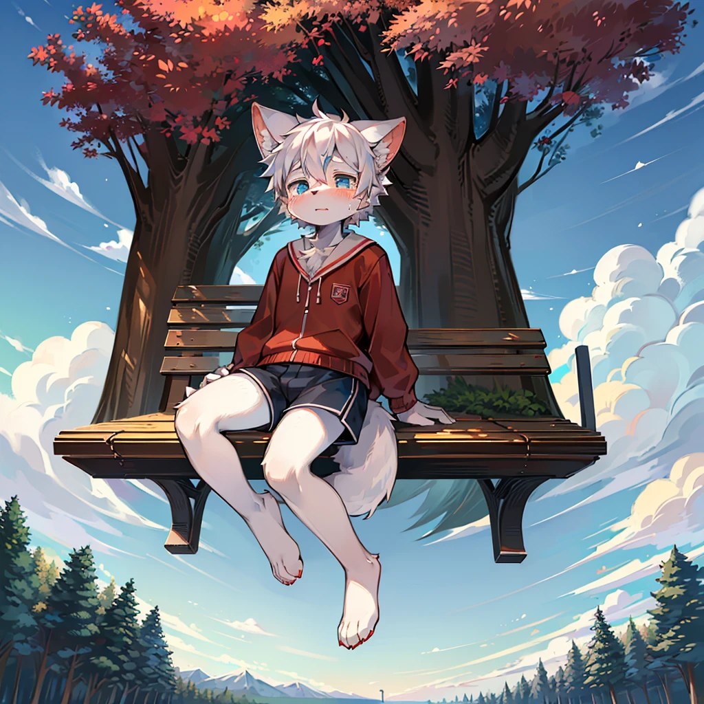 on the table, high quality, ridiculous resolution, number \ (artwork \), by dagashi, Yes, Kiyoyama, (fluffy fur, white fur, Full body fur,), male ,,Shota,solo,One section,tears, blue eyes, white hair,I have a red schoolbag,1tail,Ears droop,kawaii,pleasant face,cum,short shorts,bare legs, Bright Eyes,4 others ,Panorama, Character focus. Detailed background, clouds background,a park,bench under tree ,sit on it,Look at it from above，around 12 years old