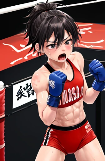 In the ring、Beautiful idol mixed martial artist masturbates with a humiliated expression。whole body。Sweat。muscle。six pack。naked。scratch。Bruise。shortness of breath。