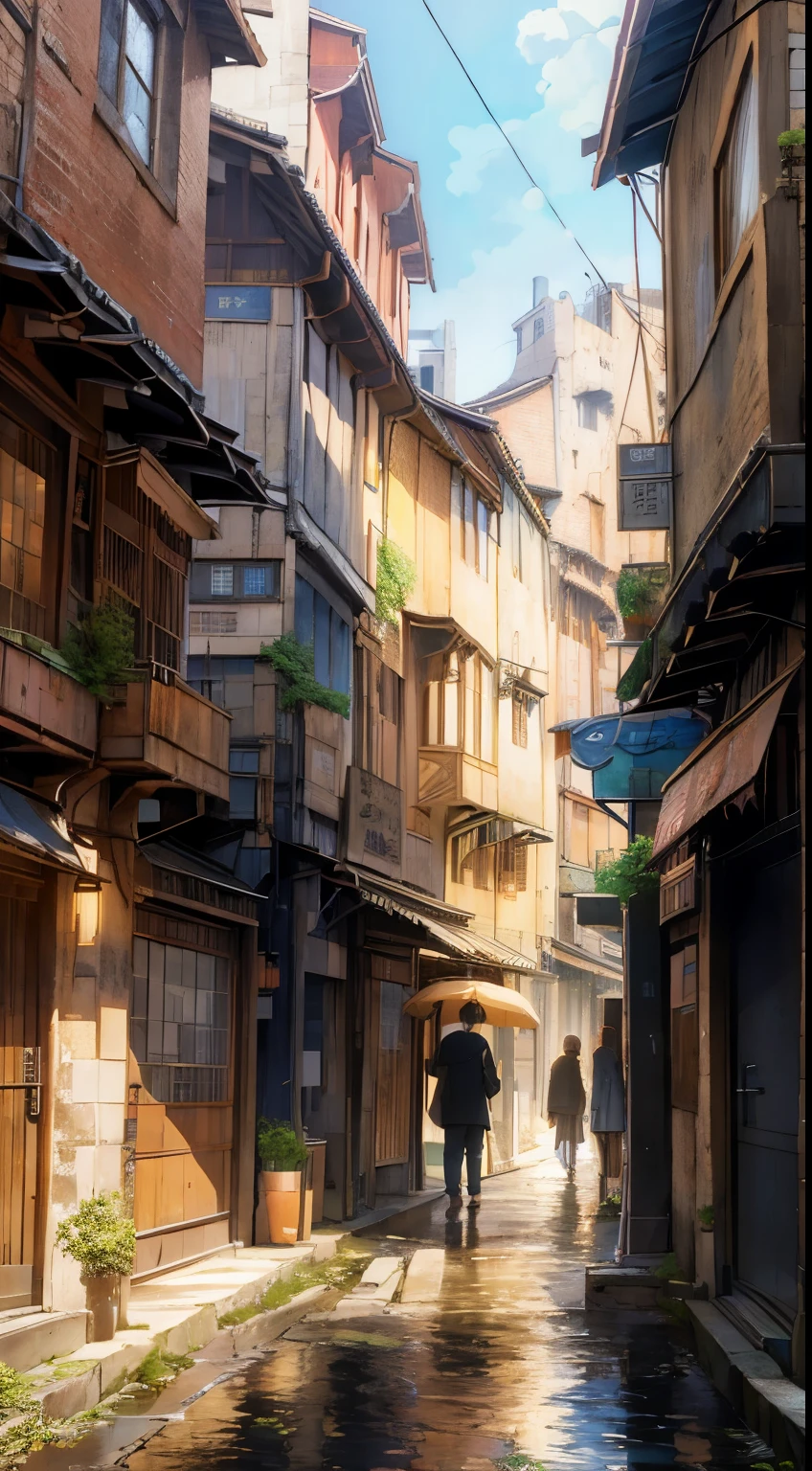 ((masterpiece)),((best quality)),((high detial)),((anime))
Industrial age city, deep canyons in the middle, architectural streets, bazaars, Bridges, rainy days, steampunk, European architecture