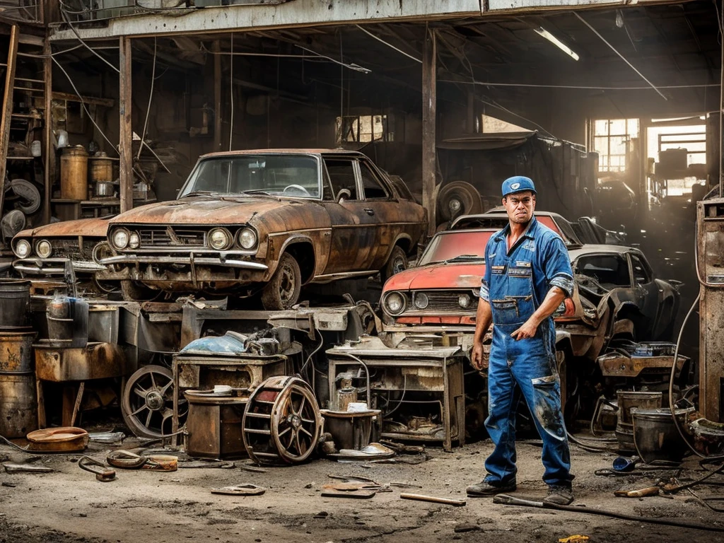 A gritty and realistic image of a car repairman, battling with oil stains on his cheeks, in a cramped repair shop filled with the clunking sounds of malfunctioning vehicles. The atmosphere is highlighted by the machinery humming in the background, as people on the street pass by the open garage door. This intricately detailed scene is captured in high quality images, showcasing every element's textures, contrasts, and true-to-life colors. The damaged cars and the repairman's worn expression add to the authenticity of this hyper-realistic image. 

Or,

A hyper-realistic photograph of a car repairman, with oil smeared on his