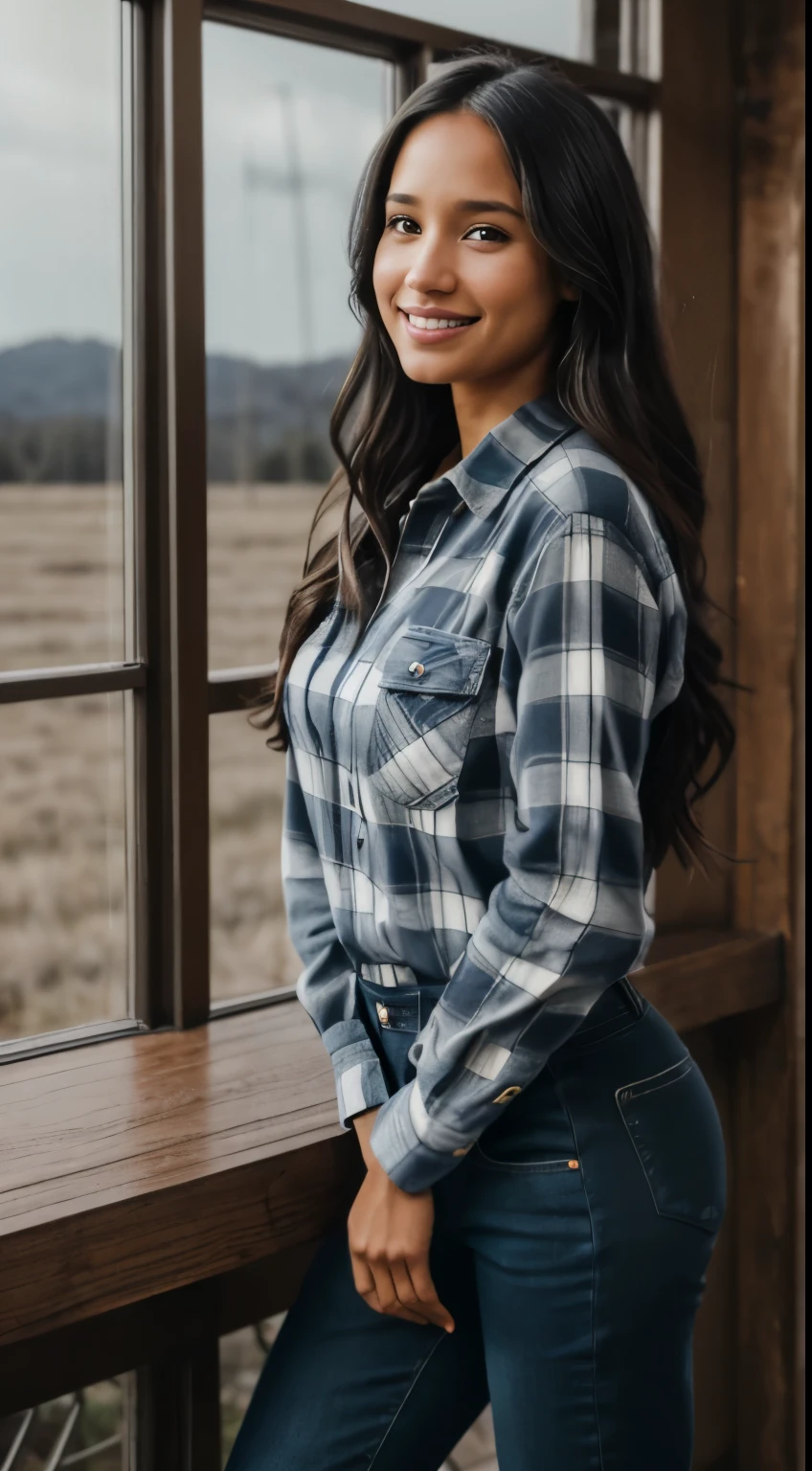 Foto hiperrealista en primer plano de Kelsey Asbille (native American ((light dark skin))) wearing dirty cloths (blue buttoned plaid flannel shirt:1.1) and (blue pants:1.1), (boots:1.2), ranch house interior, cinematic light, beautiful woman, skinny, large big breasts, black long hair, detailed face, smile, facing the camera, photo taken from a distance, age of 25 years old, camera filter on pastel gray colors,, grey filter on camera, railing day, moody, she is so dirty, has dirty hands and face