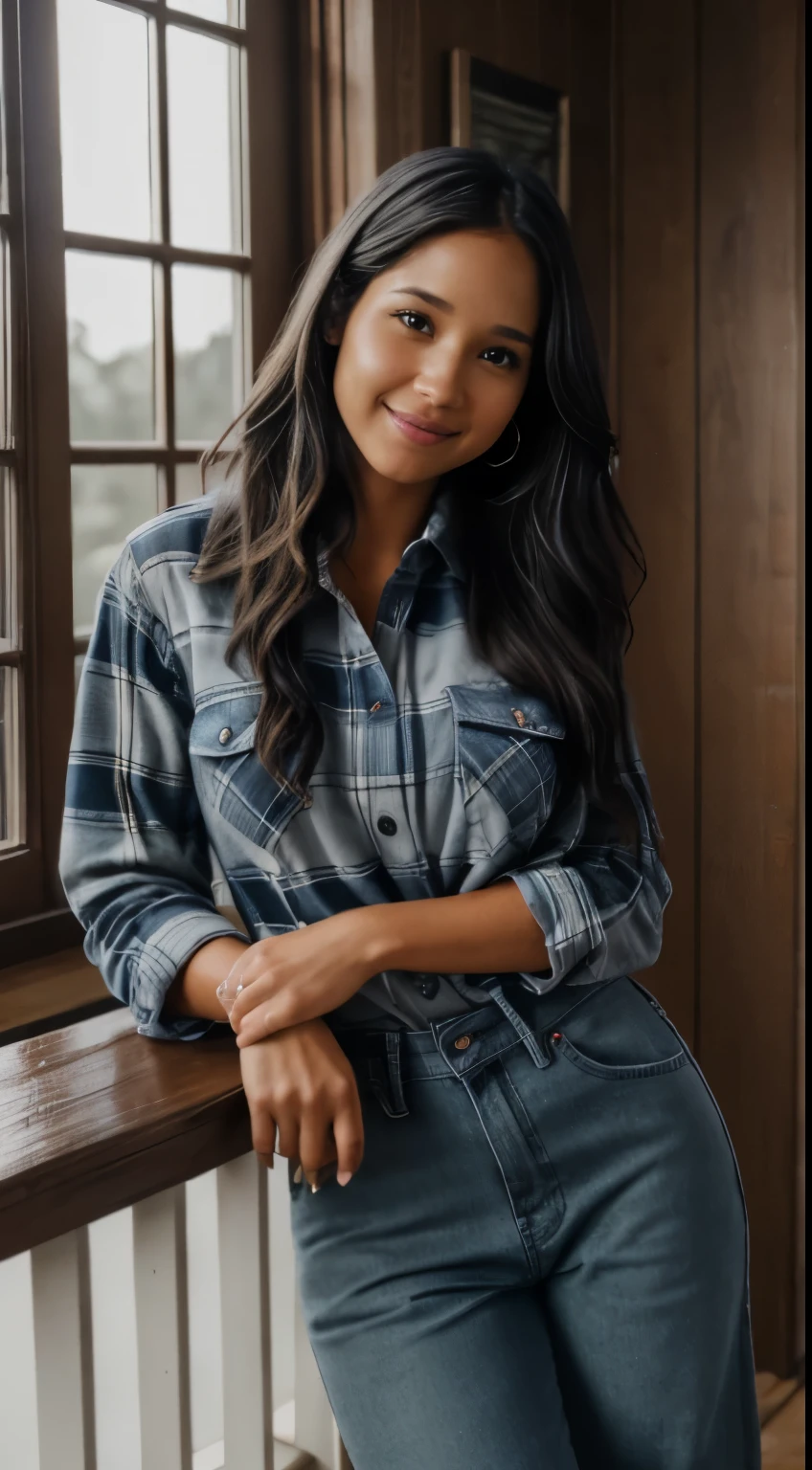 Foto hiperrealista en primer plano de Kelsey Asbille (native American ((light dark skin))) wearing dirty cloths (blue buttoned plaid flannel shirt:1.1) and (blue pants:1.1), (boots:1.2), ranch house interior, cinematic light, beautiful woman, skinny, large big breasts, black long hair, detailed face, smile, facing the camera, photo taken from a distance, age of 25 years old, camera filter on pastel gray colors,, grey filter on camera, railing day, moody, she is so dirty, has dirty hands and face