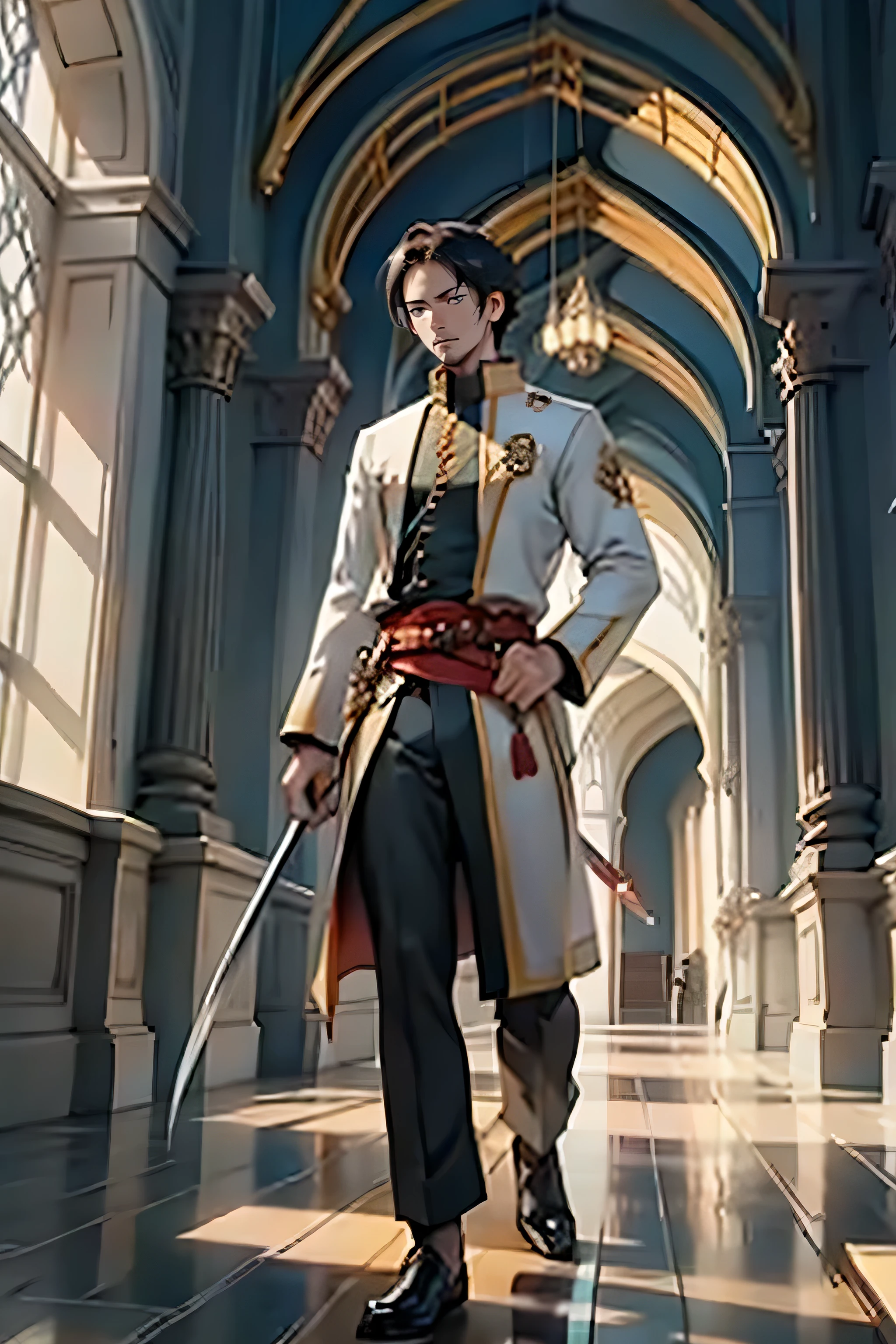 full body, english swordsman, in english palace, front view,