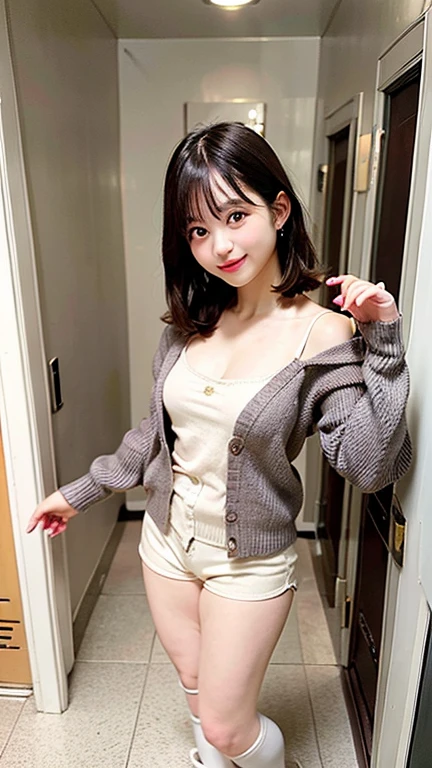 (8K, RAW photo:1.2),detailed face and eyes,最high quality, Super high resolution, very detailed ,intricate details ,Depth of bounds written ,pretty girl , soft movie-like light, hyper detail,sharp focus, high quality,Breasts out,bob cut,blonde,NSFW, smile, zettai ryouiki, shorts, (((((((door open pose))))))),((camisole)),((cardigan)),((one room)),((Background of the hallway from the entrance)),