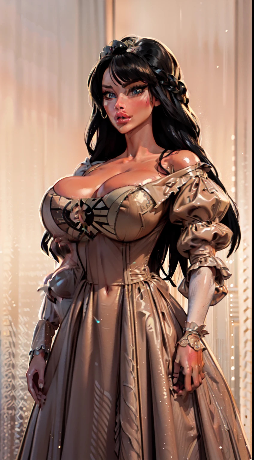 (Pocahontas), ((native American gown)), ((off the shoulder)), style, ((intricate gown)), anime style, (((Native American))) (gigantic breasts:1.2) (((smoldering eyes))), ((long hair:1.5)), ((black hair:1.5)), 8k, 4k, Unreal Engine 5, octane render, trending on pixiv, ((puffy gown:1.7)) ((intricate lining on gown:1.4)), (((puffy sleeves:1.5))), fanbox, skeb, (((long sleeves:1.5))), ((masterpiece)), ((glittered gown:1.2)),(skindentation:1.4), ((sleeve cuffs:1.3)), wide hips, (full lips:1.5), ((cleavage cutout:1.4)), ((underboobs:1.2)), smooth soft skin, big dreamy eyes, beautiful anime wide eyes, soft lighting,((official art)), clean lines, digital painting,