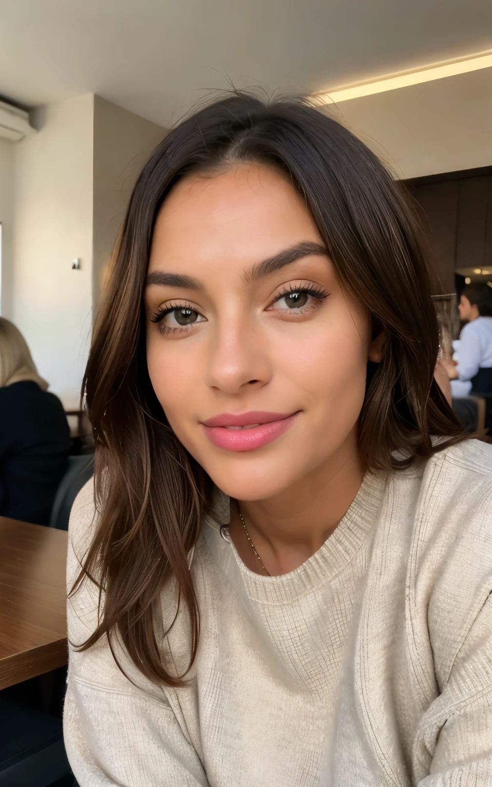 Beautiful brunette with blonde highlights wearing a beige sweater (In a café drinking soda), Very detailed, 22 anos, Rosto inocente, cabelos ondulados naturais, olhos azuis, high resolution, master part, best quality, Alto detalhe intrincado, altamente detalhado, Crisp Focus, pele detalhada, textura de pele realista, textura, olhos detalhados, profissional, 4k, sorriso encantador, filmado na Canon, 85 millimeters, profundidade de campo rasa, Cor Kodak Vision, corpo de ajuste perfeito, extremamente detalhado, fotografia_\(Ultra\), photoreallistic, Realista, Post-processing, maximum details, rugosidade, vida real, Ultra realista, fotorrealismo, fotografia, 8k UHD, fotografia