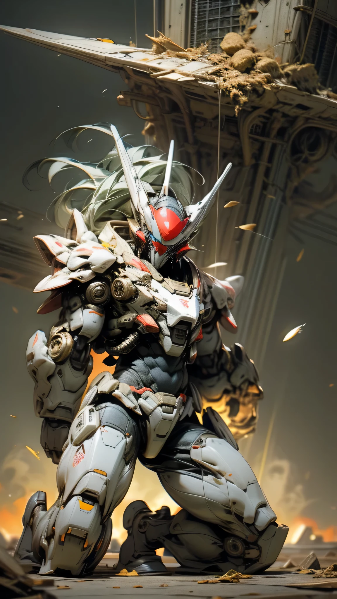 最high quality、best image quality、masterpiece、huge robot((damaged white body、blue light body line、destroyed right arm、Missing left foot、damaged jetpack、kneel down、sparks come out from the body、red visor、original head、muscular、bulletproof vest)),high quality、beautiful art、background((city、explosion、air raid)),debris flies、Depth of written boundary、movie、visual art、perfect art、8K,genuine
