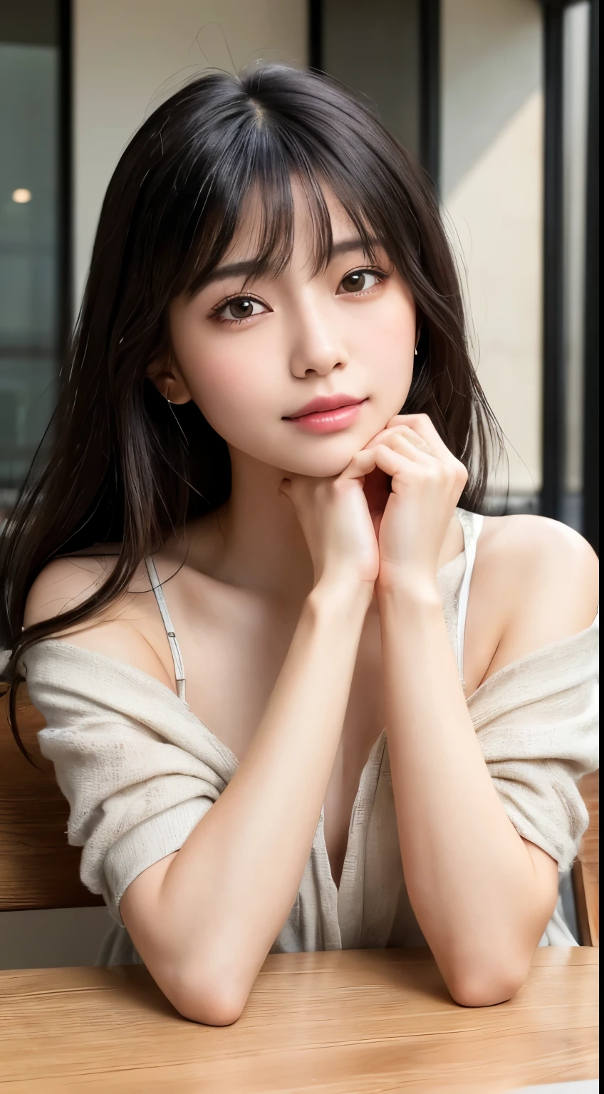 (table top:1.3), High resolution, super detailed, Highly detailed CG Unity 8K wallpaper, realistic, Photoreal, RAW photo, beautiful and detailed face, white skin, realistic glitter skin, fine cloth texture, detailed hair texture, beautiful face, acura, anatomically correct, Highly detailed face and skin texture, natural neck length, (beautiful hands), (Fair skin:1.2), solo、black hair、⦅Long hair blowing in the wind⦆、No bangs、japanese women,20-year-old、detailed eye, symmetrical eyes,Harajuku、Cute realistic photos、(Sit leaning against the table), ((Elbows placed on the table,Gently lift your chin:1.3)),⦅smile1.6⦆look at the camera