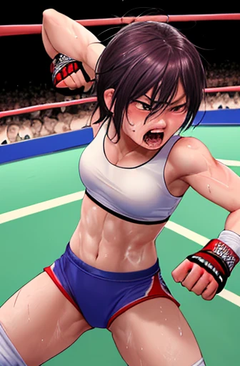 During a match with an opponent in the ring。A beautiful mixed martial artist who keeps being beaten。Open your mouth wide and scream。whole body。Sweat。muscle。six pack。scratch。Bruise。shortness of breath。